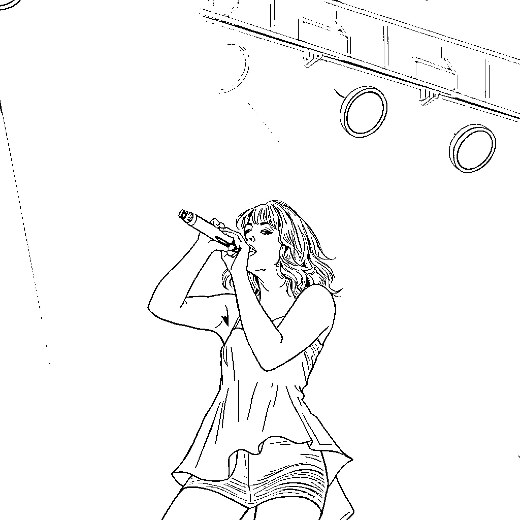Taylor Swift singing on stage with microphone Coloring Page (free black-and-white line drawing printable PDF for all, from beginners to advanced learners, including children, teens, adults, and seniors)