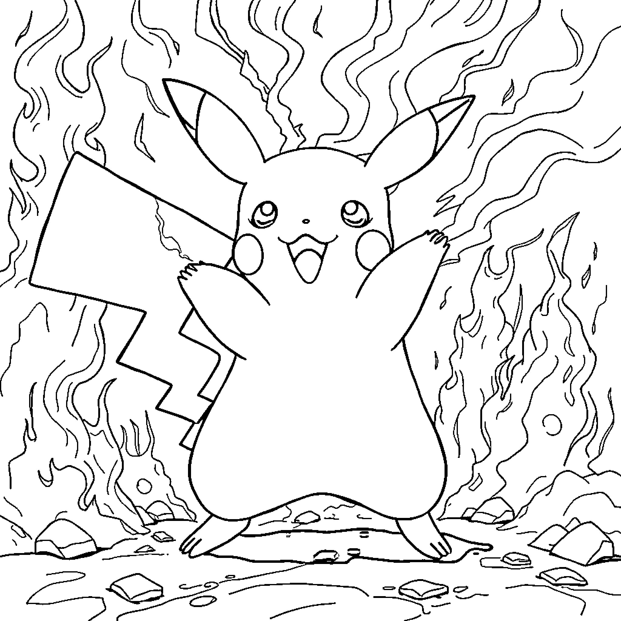 Pikachu unleashing powerful electric attack Coloring Page (free black-and-white line drawing printable PDF for all, from beginners to advanced learners, including children, teens, adults, and seniors)