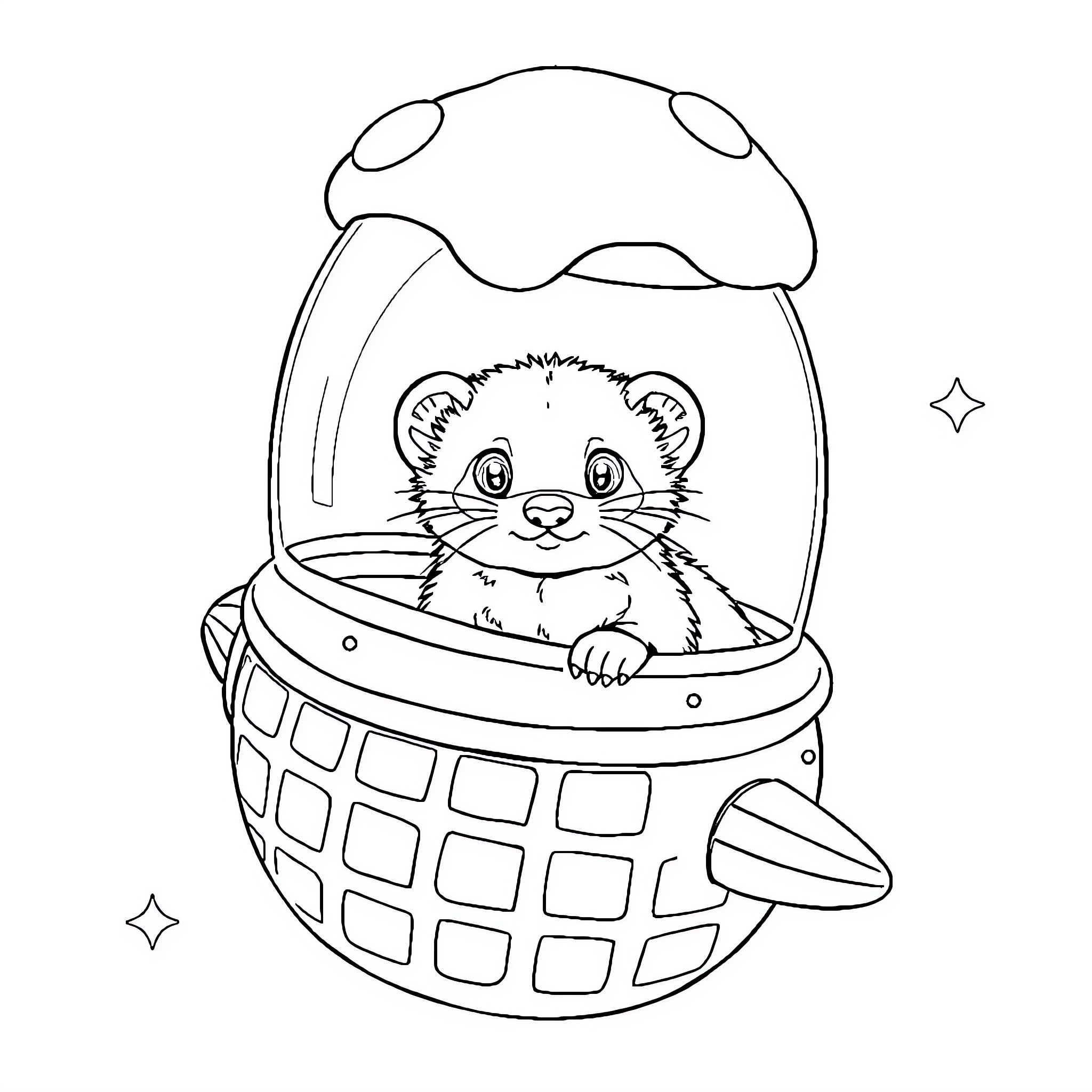 Ferret floating in a whimsical spaceship Coloring Page (free black-and-white line drawing printable PDF for all, from beginners to advanced learners, including children, teens, adults, and seniors)