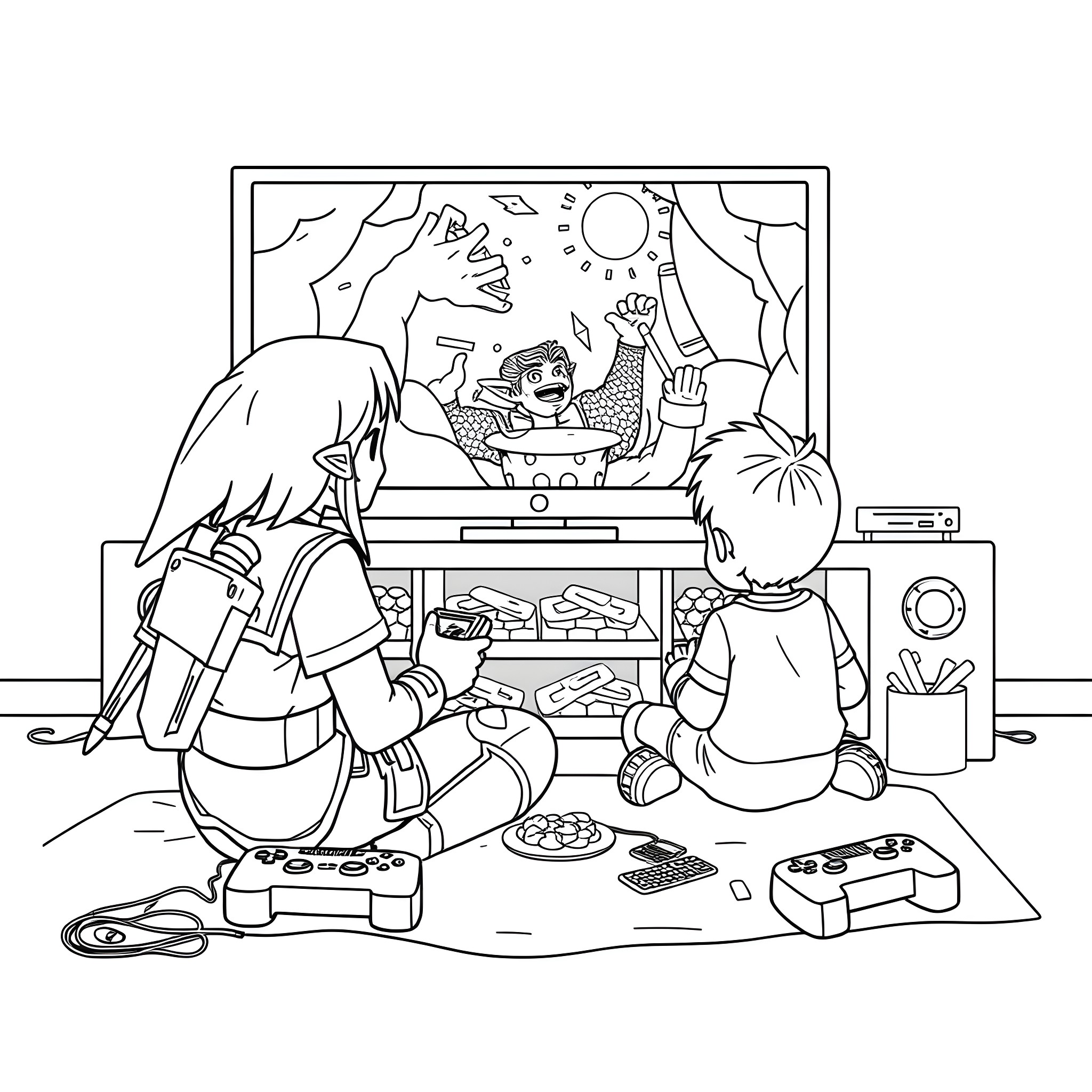 Link to friends gaming and having fun Coloring Page (free black-and-white line drawing printable PDF for all, from beginners to advanced learners, including children, teens, adults, and seniors)