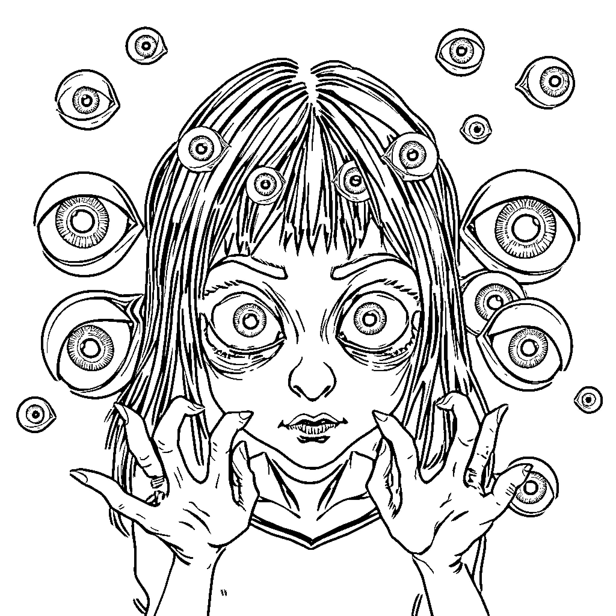 Girl with strange eyes and hands Coloring Page (free black-and-white line drawing printable PDF for all, from beginners to advanced learners, including children, teens, adults, and seniors)