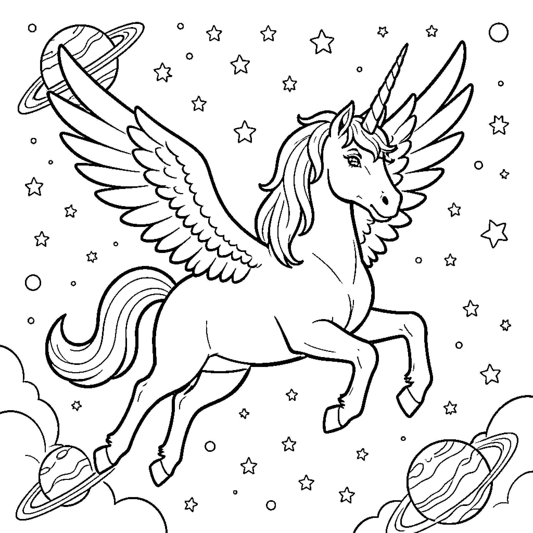 Unicorn flying majestically through a starry space scene Coloring Page (free black-and-white line drawing printable PDF for all, from beginners to advanced learners, including children, teens, adults, and seniors)