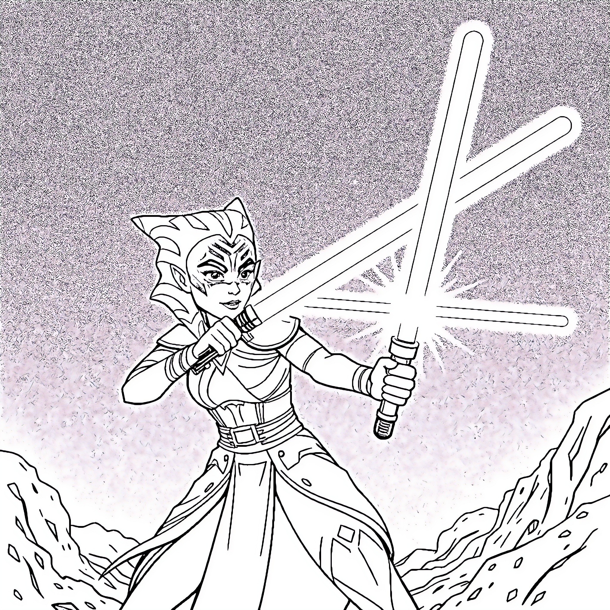 Ahsoka Wielding Lightsabers in Action Coloring Page (free black-and-white line drawing printable PDF for all, from beginners to advanced learners, including children, teens, adults, and seniors)