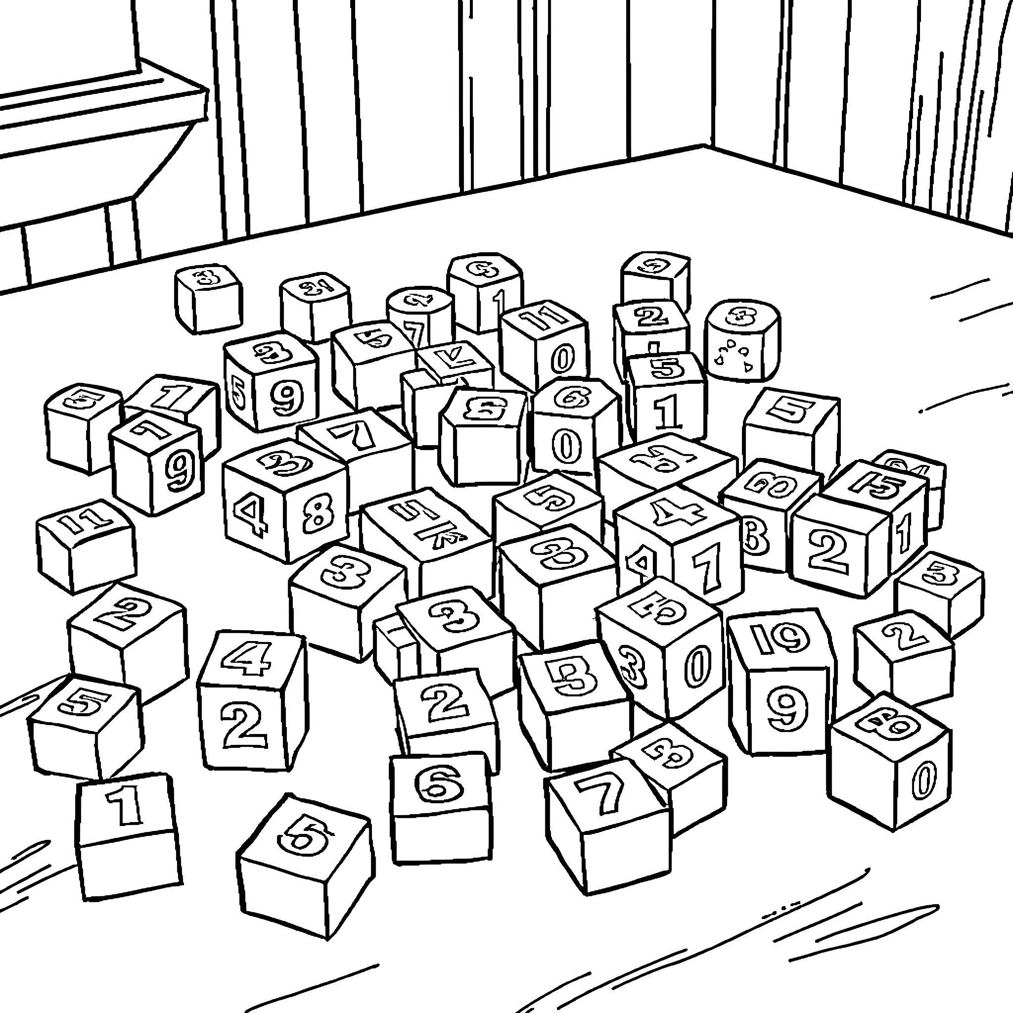 Number Cubes Scattered on the Floor Coloring Page (free black-and-white line drawing printable PDF for all, from beginners to advanced learners, including children, teens, adults, and seniors)