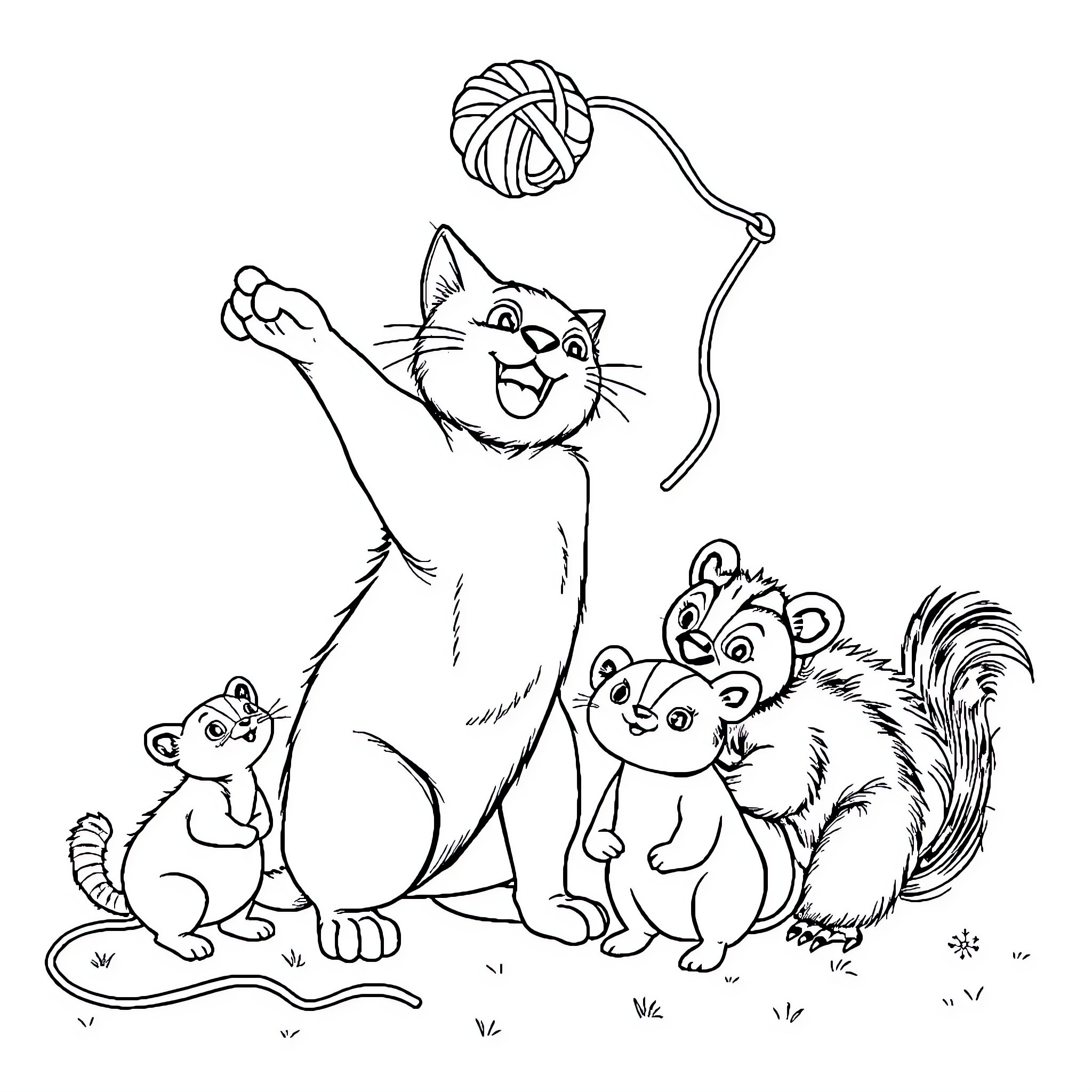 Cat playing with animals in nature Coloring Page (free black-and-white line drawing printable PDF for all, from beginners to advanced learners, including children, teens, adults, and seniors)