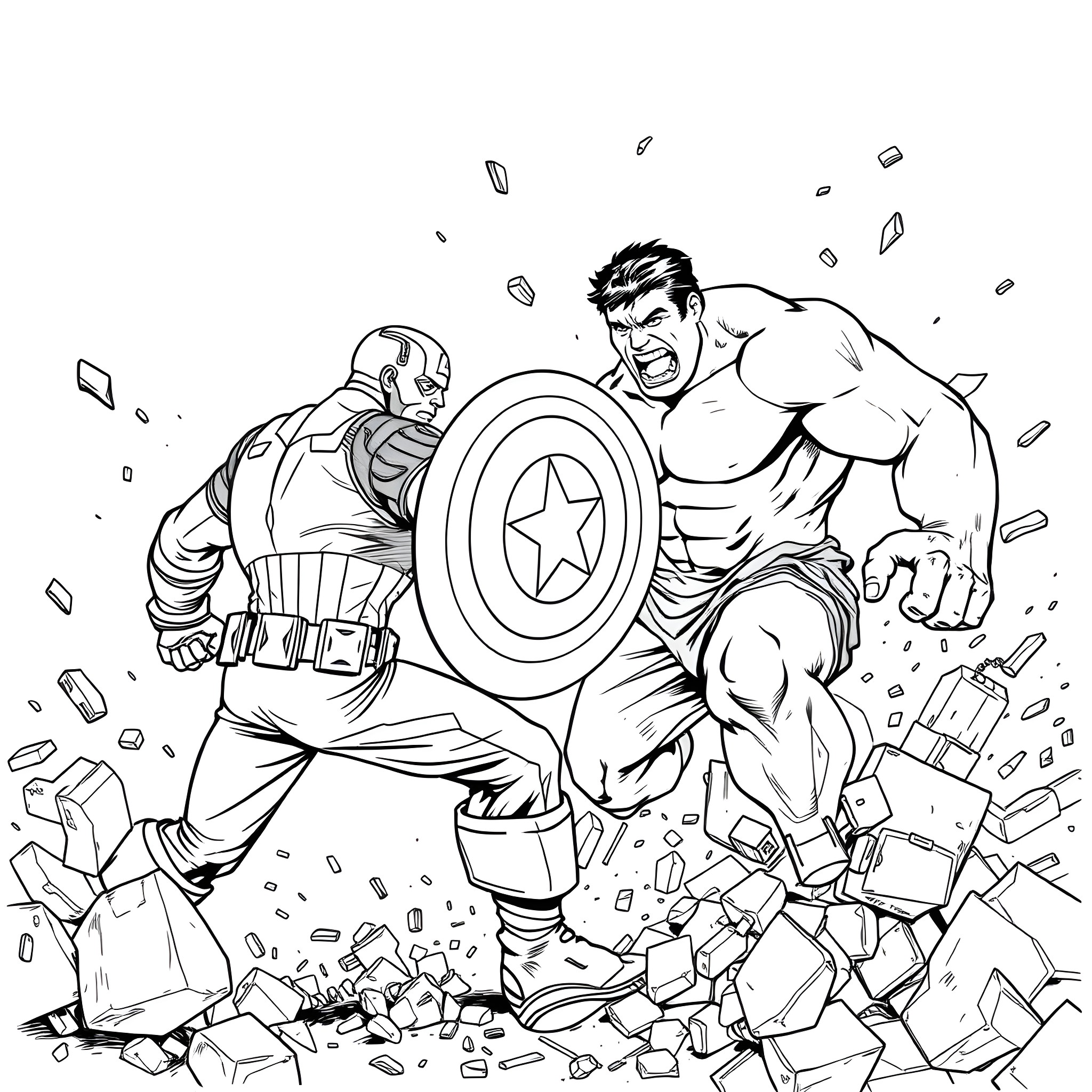 Captain America and Hulk fighting together in action Coloring Page (free black-and-white line drawing printable PDF for all, from beginners to advanced learners, including children, teens, adults, and seniors)