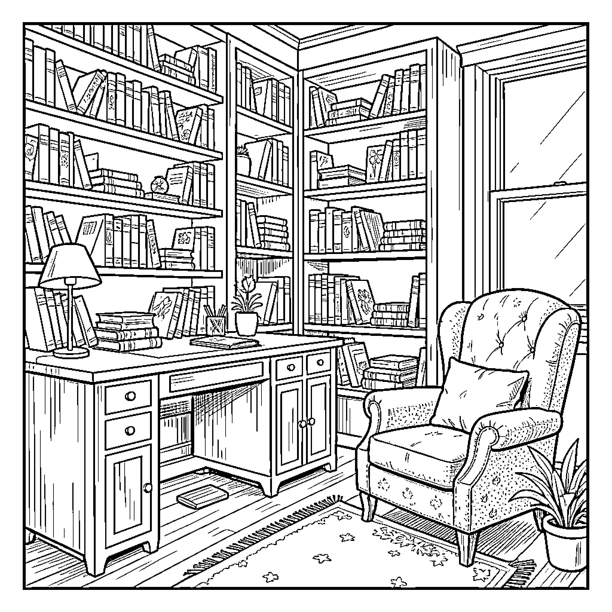 Study of a Cozy Home Library Coloring Page (free black-and-white line drawing printable PDF for all, from beginners to advanced learners, including children, teens, adults, and seniors)