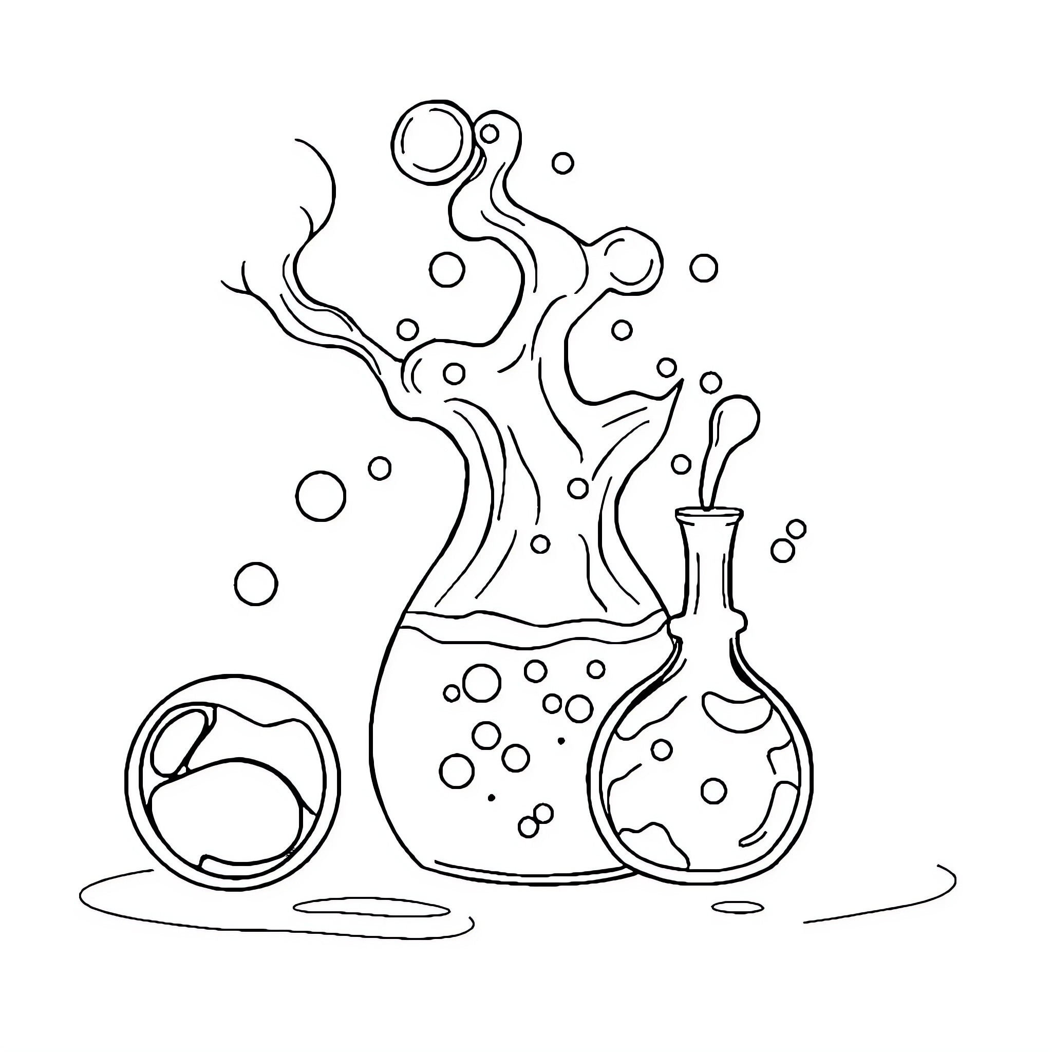 State of Matter: Bubbles and Glassware Coloring Page (free black-and-white line drawing printable PDF for all, from beginners to advanced learners, including children, teens, adults, and seniors)