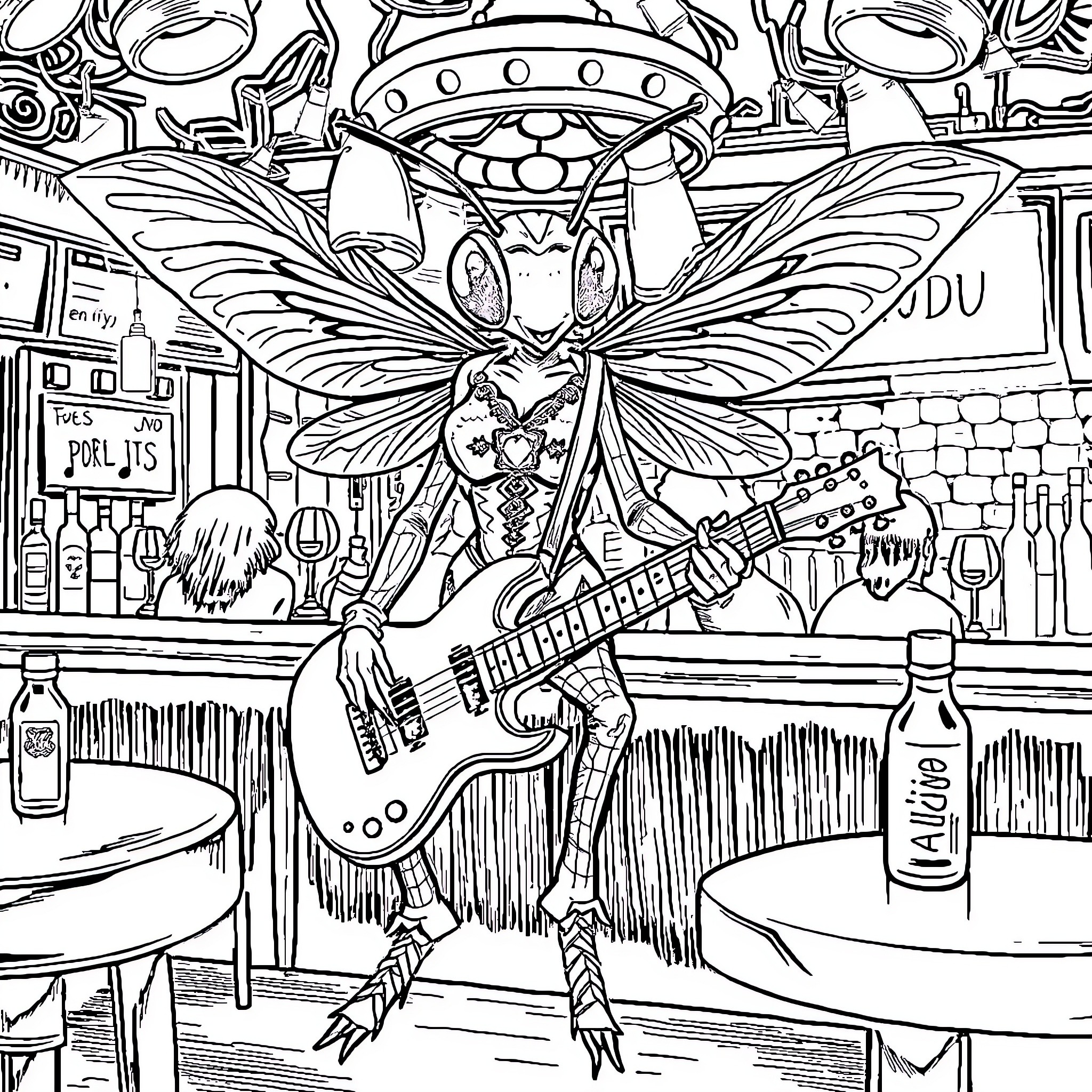 Fly performing on stage in a colorful venue Coloring Page (free black-and-white line drawing printable PDF for all, from beginners to advanced learners, including children, teens, adults, and seniors)