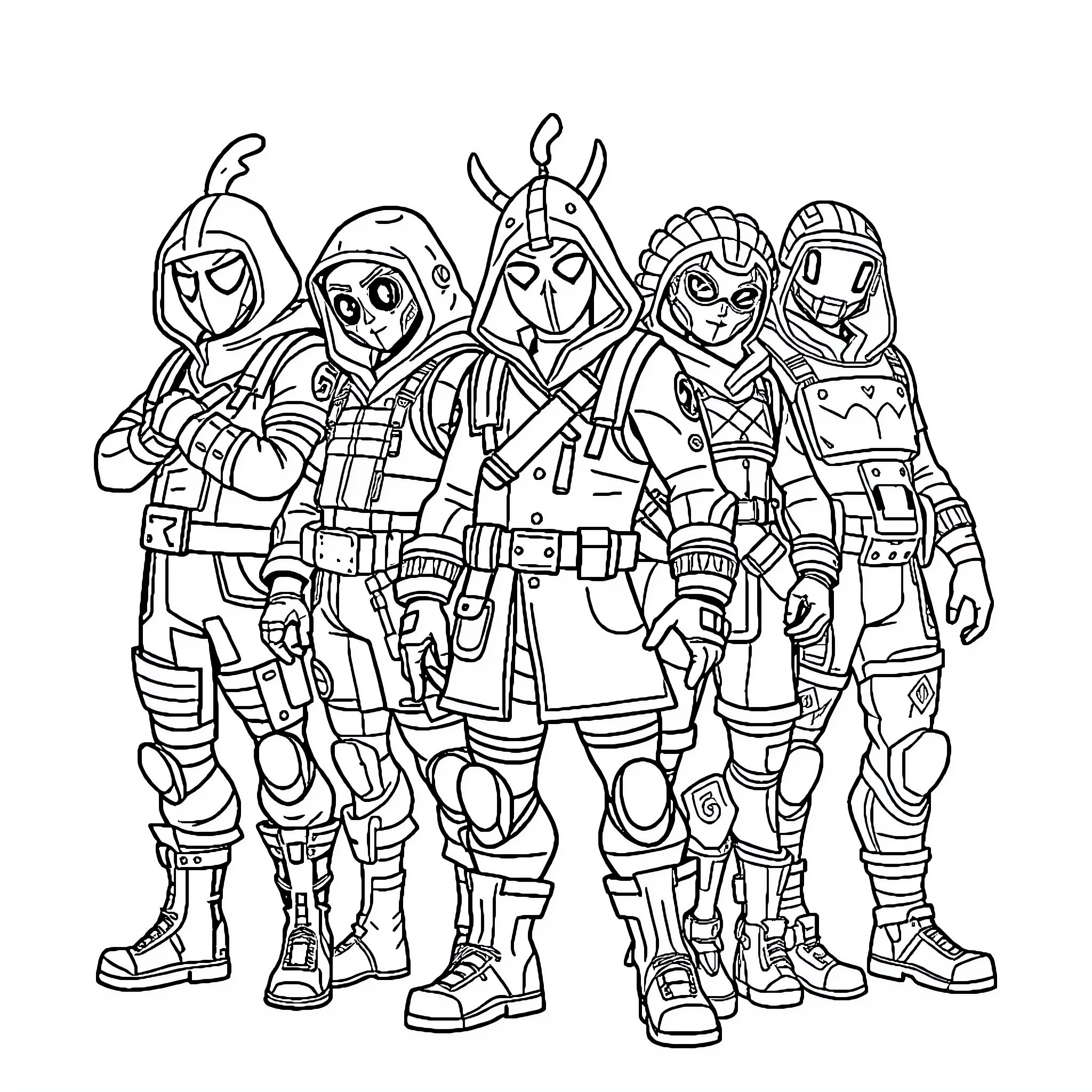 Fortnite Skin Group of Futuristic Warrior Characters Coloring Page (free black-and-white line drawing printable PDF for all, from beginners to advanced learners, including children, teens, adults, and seniors)