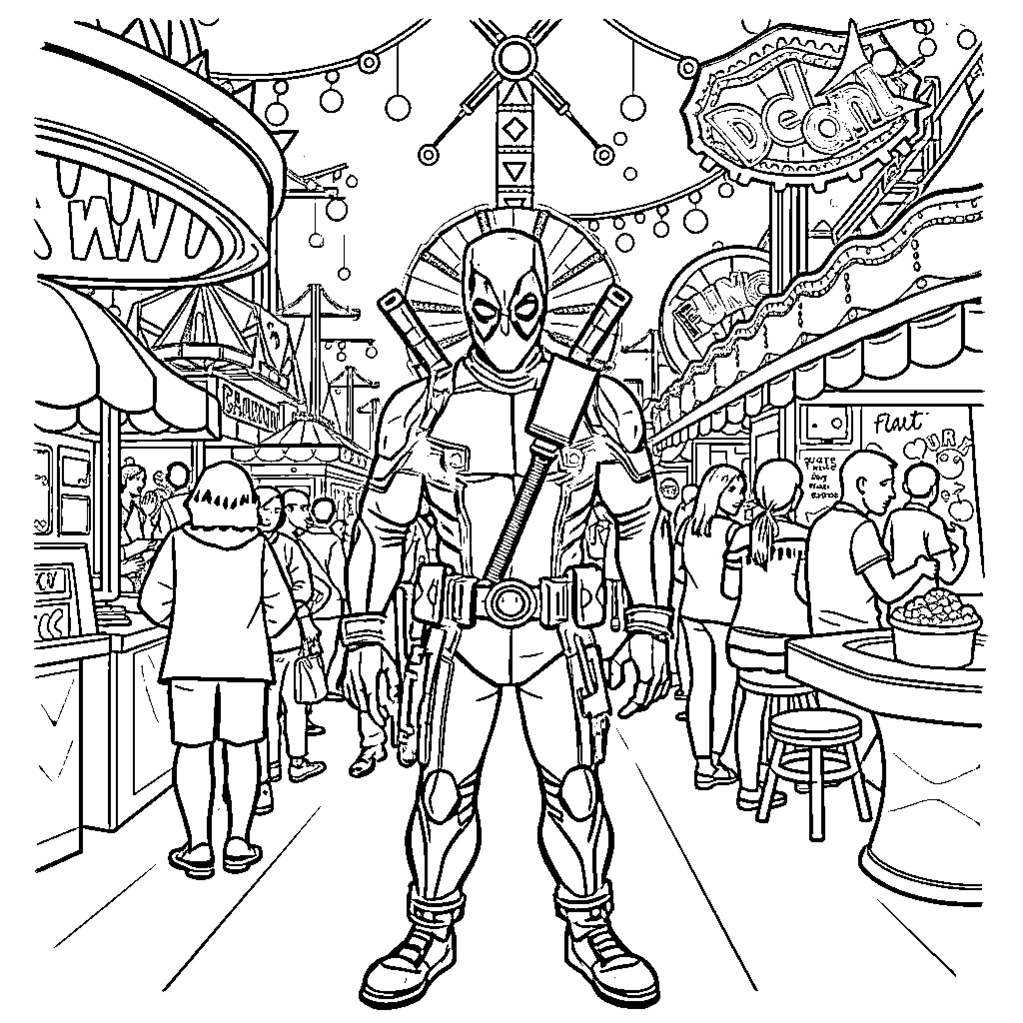 Deadpool exploring a vibrant, lively carnival scene Coloring Page (free black-and-white line drawing printable PDF for all, from beginners to advanced learners, including children, teens, adults, and seniors)