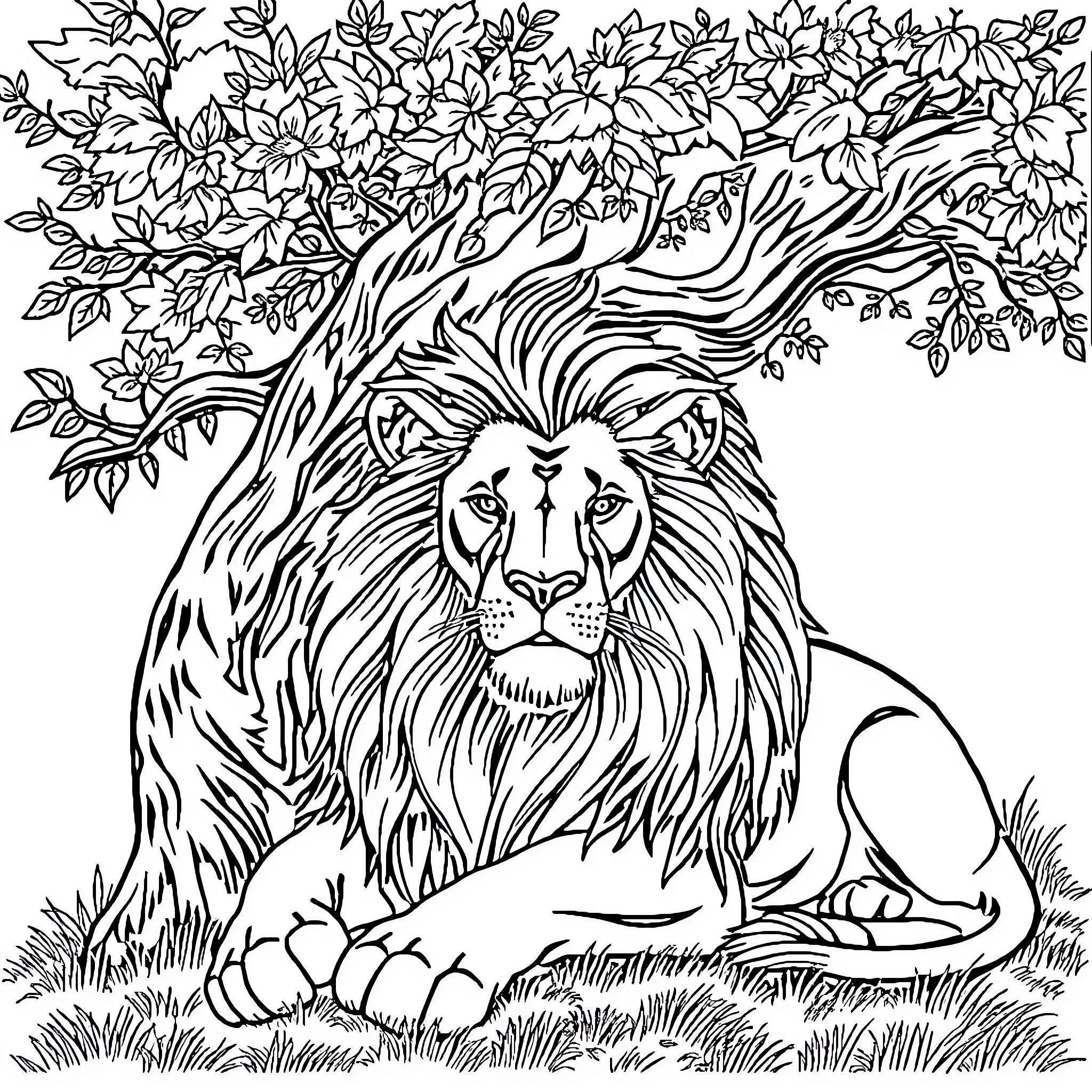 Lion resting under a tree with lush foliage Coloring Page (free black-and-white line drawing printable PDF for all, from beginners to advanced learners, including children, teens, adults, and seniors)