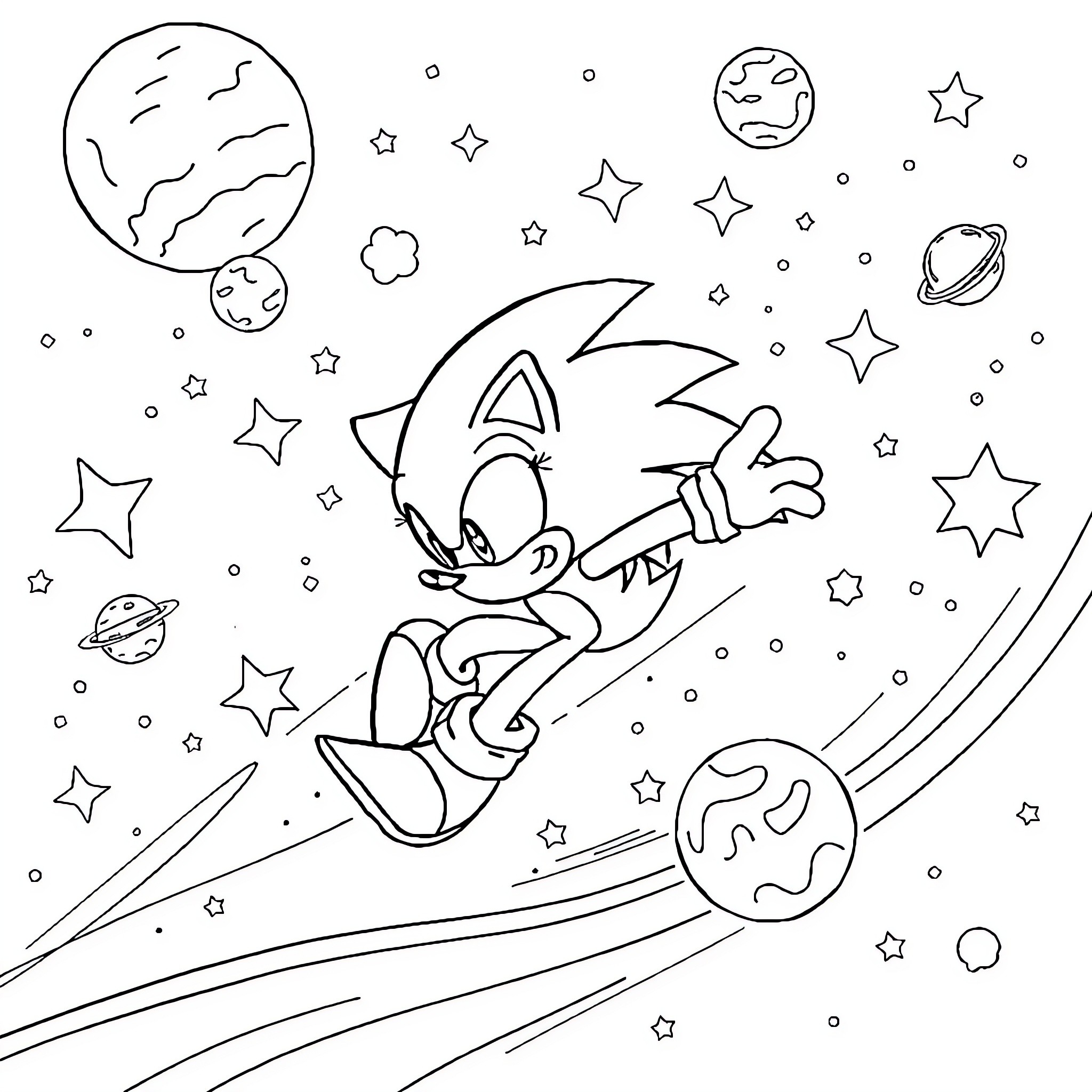 Sonic's cosmic adventure among the stars Coloring Page (free black-and-white line drawing printable PDF for all, from beginners to advanced learners, including children, teens, adults, and seniors)