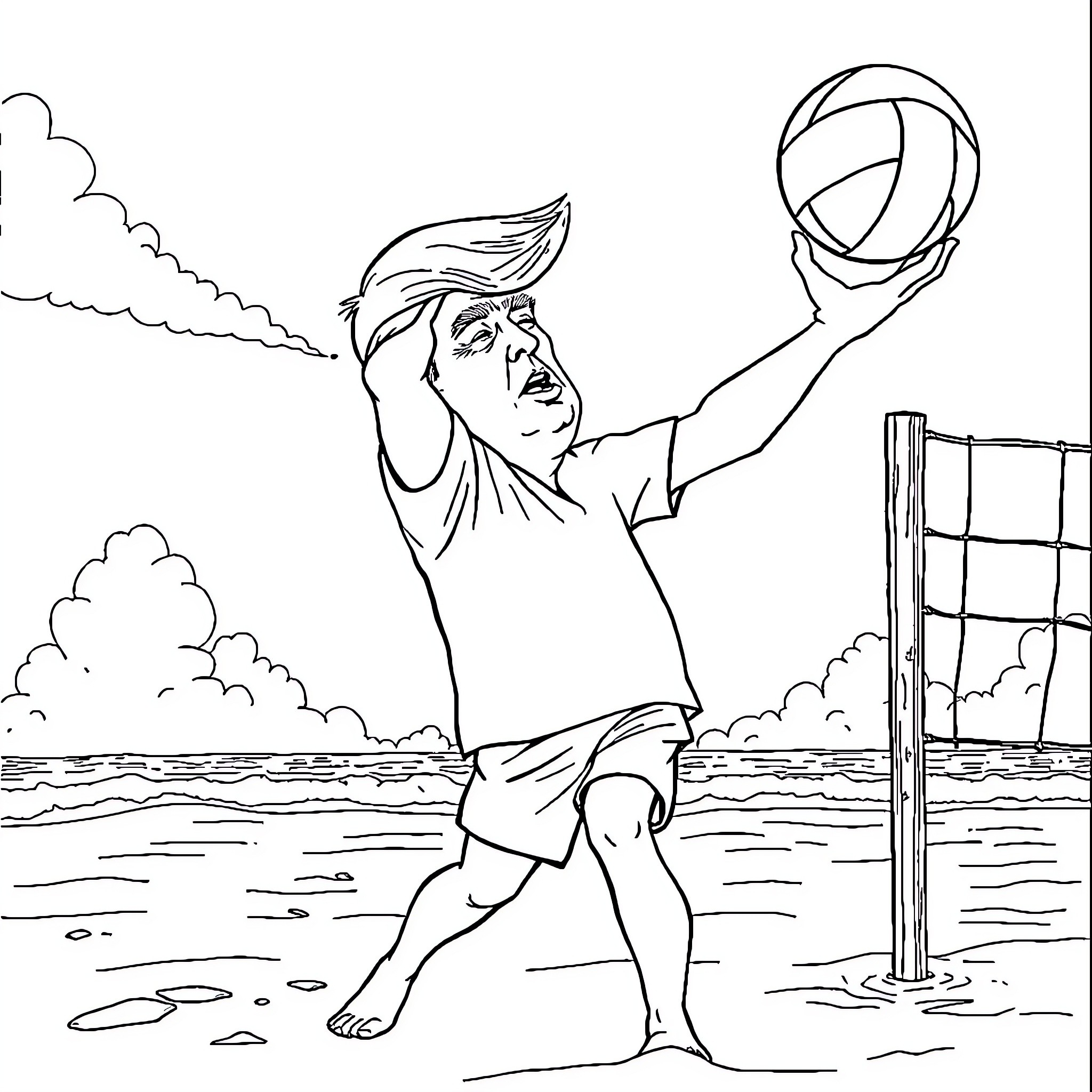 Donald Trump spiking a volleyball on the beach Coloring Page (free black-and-white line drawing printable PDF for all, from beginners to advanced learners, including children, teens, adults, and seniors)