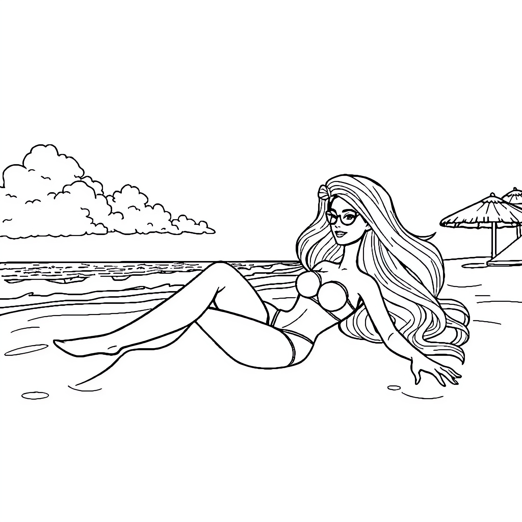Barbie relaxing on the beach Coloring Page (free black-and-white line drawing printable PDF for all, from beginners to advanced learners, including children, teens, adults, and seniors)