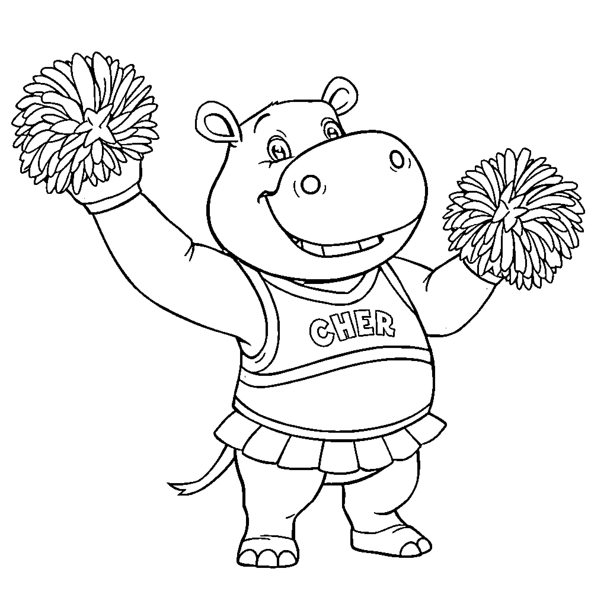 Hippo cheerleader excitedly waving pom-poms Coloring Page (free black-and-white line drawing printable PDF for all, from beginners to advanced learners, including children, teens, adults, and seniors)
