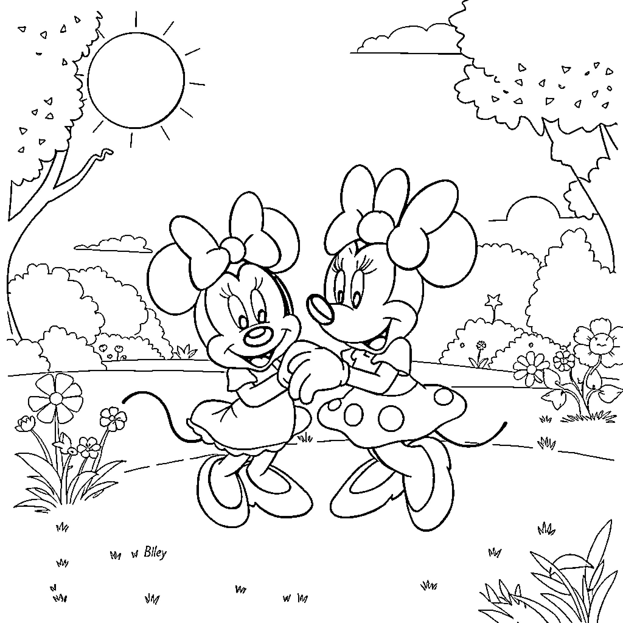 Minnie and Mickey playing happily in the park Coloring Page (free black-and-white line drawing printable PDF for all, from beginners to advanced learners, including children, teens, adults, and seniors)