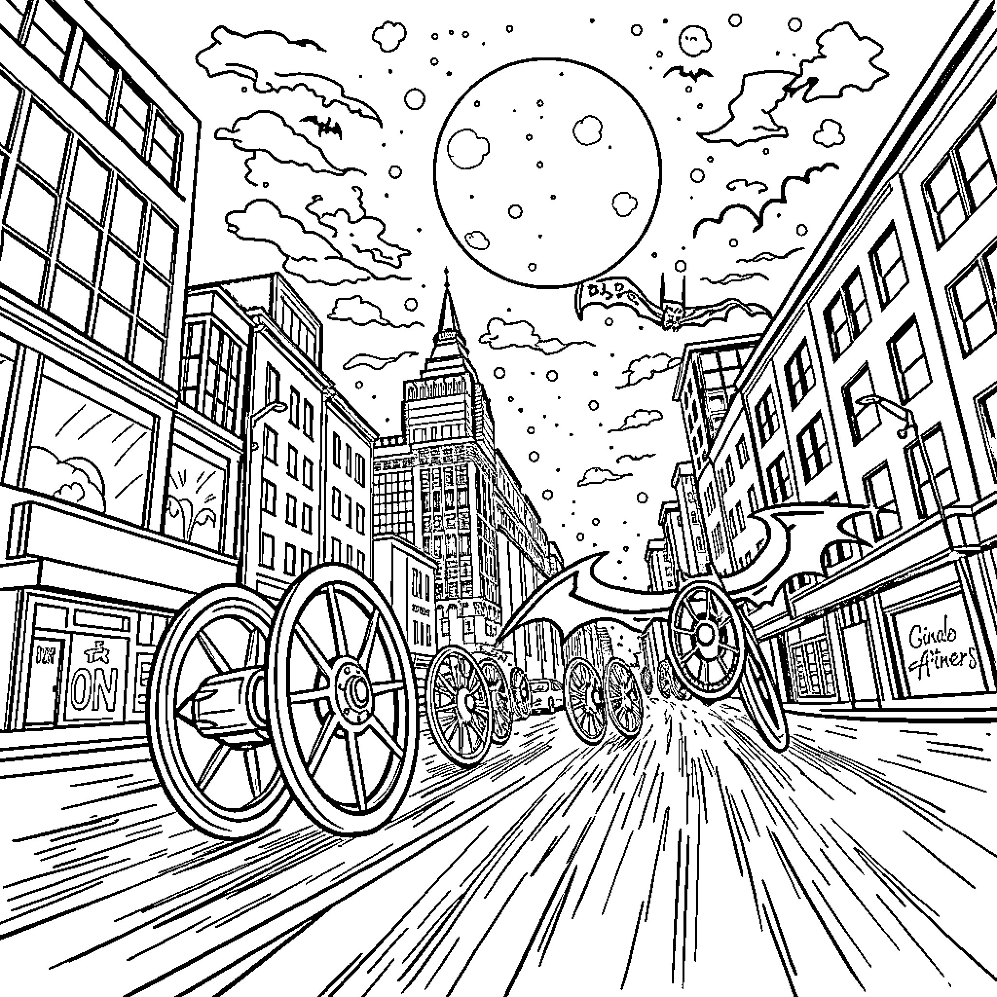 Batwheels racing through a whimsical urban landscape Coloring Page (free black-and-white line drawing printable PDF for all, from beginners to advanced learners, including children, teens, adults, and seniors)