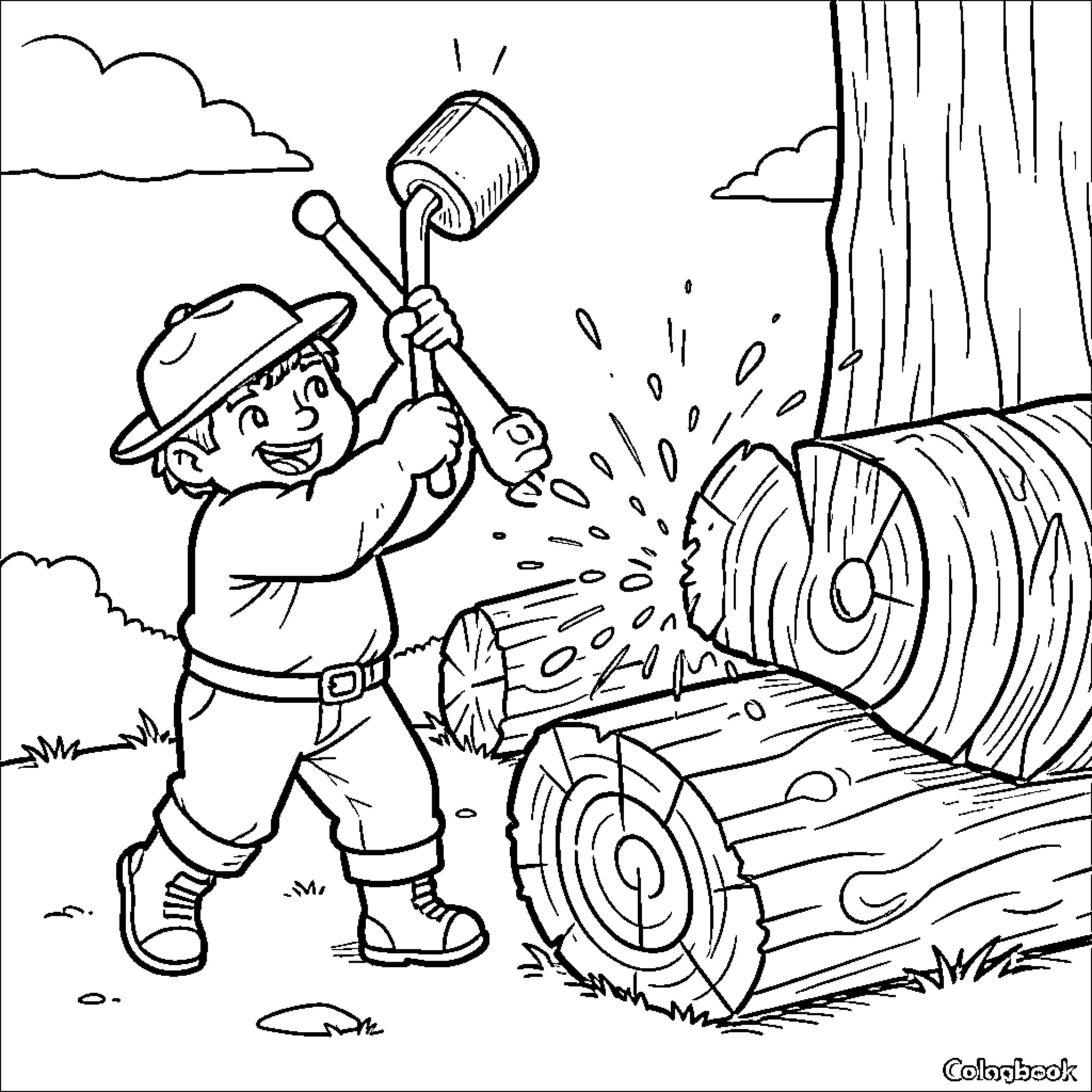 Cubanito Building a Treehouse in the Woods Coloring Page (free black-and-white line drawing printable PDF for all, from beginners to advanced learners, including children, teens, adults, and seniors)