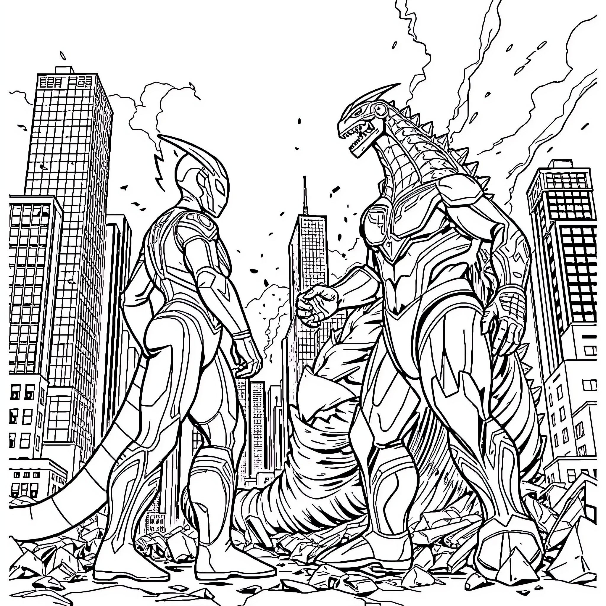Ultraman battles a monstrous creature in the city Coloring Page (free black-and-white line drawing printable PDF for all, from beginners to advanced learners, including children, teens, adults, and seniors)