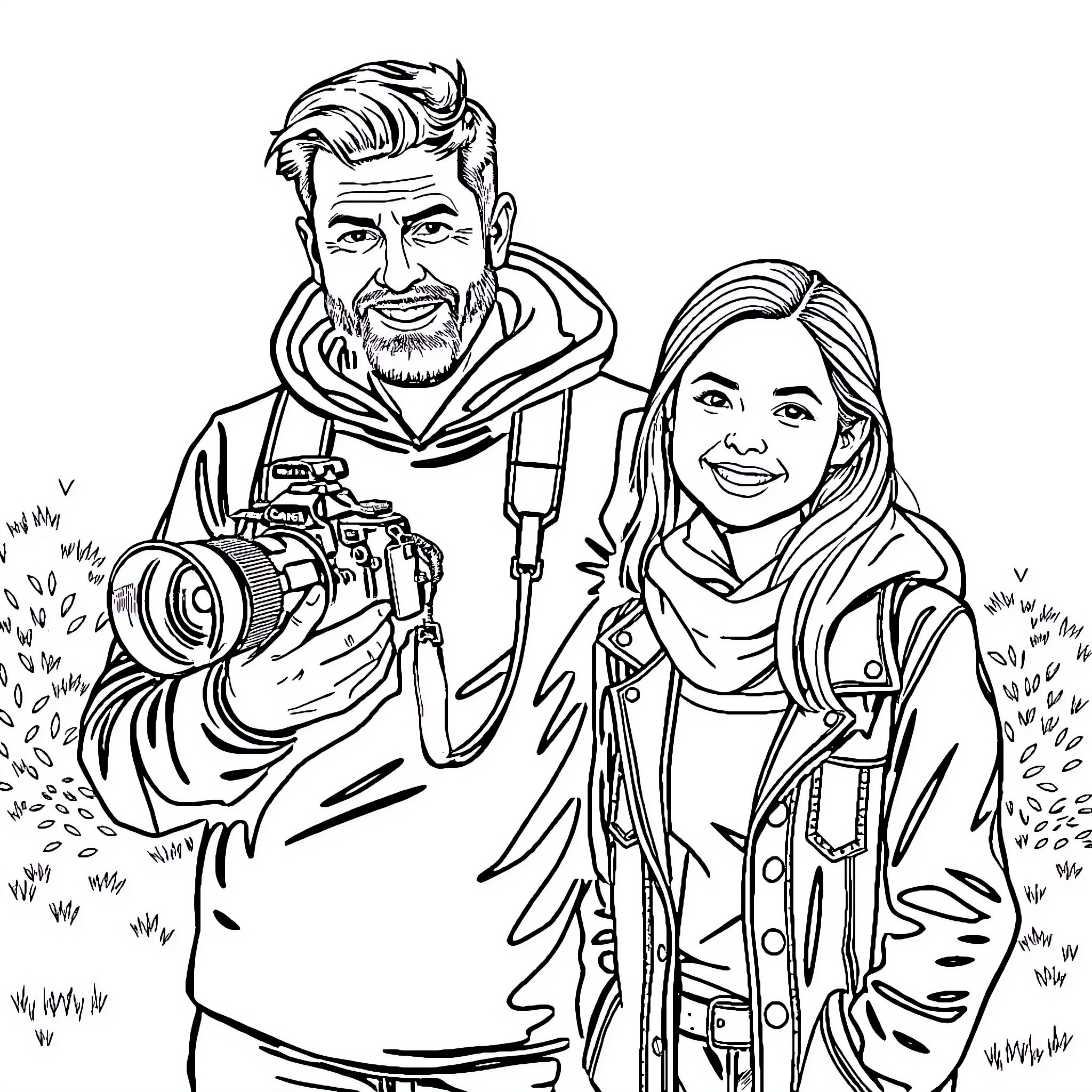 Camera Man Captures Moments with Companion Coloring Page (free black-and-white line drawing printable PDF for all, from beginners to advanced learners, including children, teens, adults, and seniors)