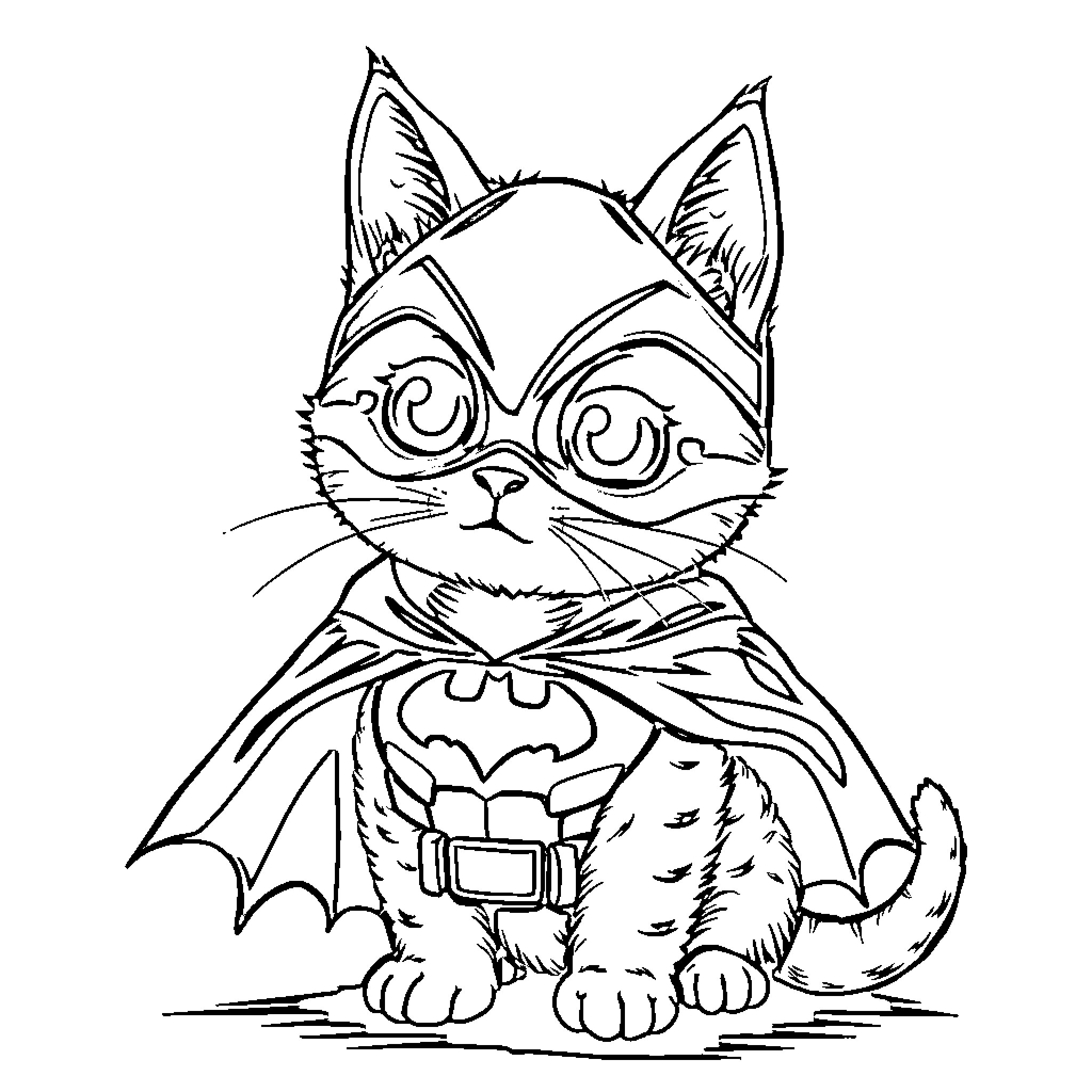 Cat superhero in costume Coloring Page (free black-and-white line drawing printable PDF for all, from beginners to advanced learners, including children, teens, adults, and seniors)