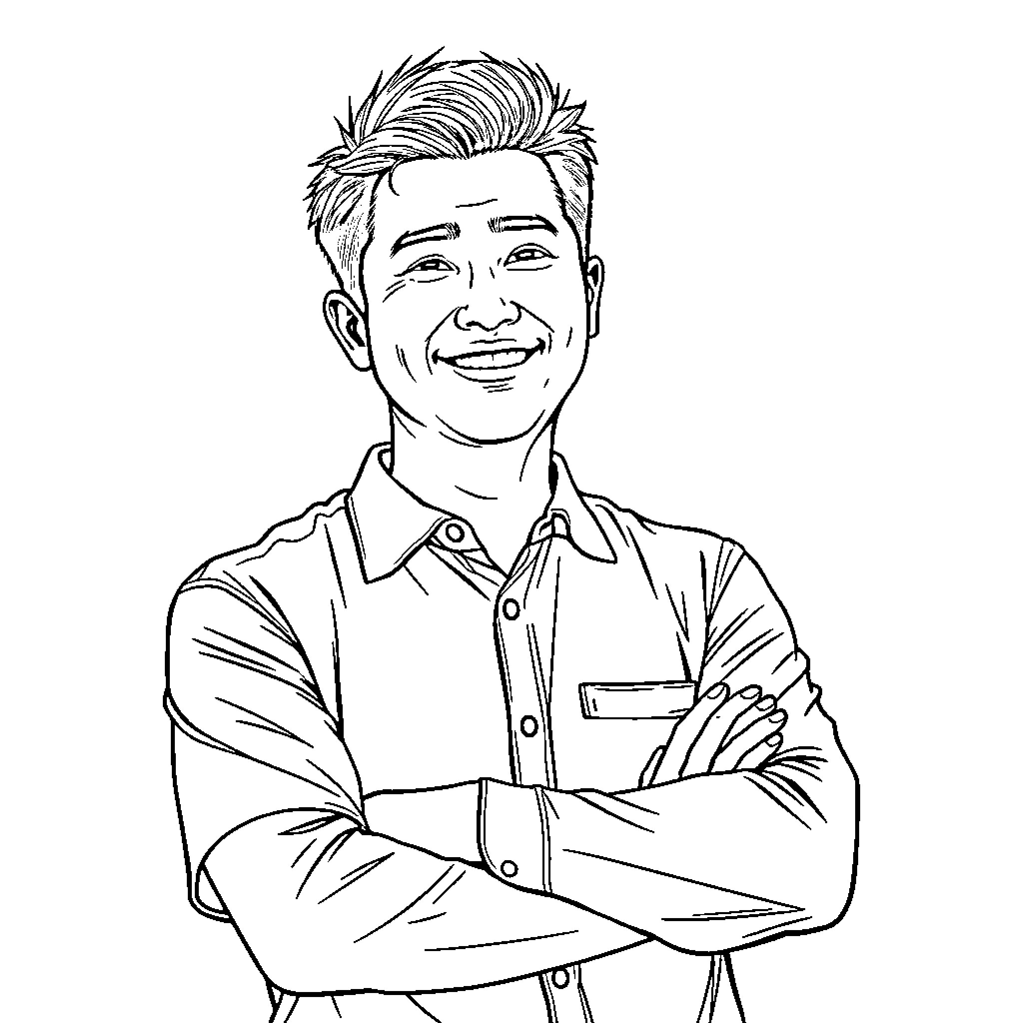 Shan Gillis smiling with arms crossed Coloring Page (free black-and-white line drawing printable PDF for all, from beginners to advanced learners, including children, teens, adults, and seniors)