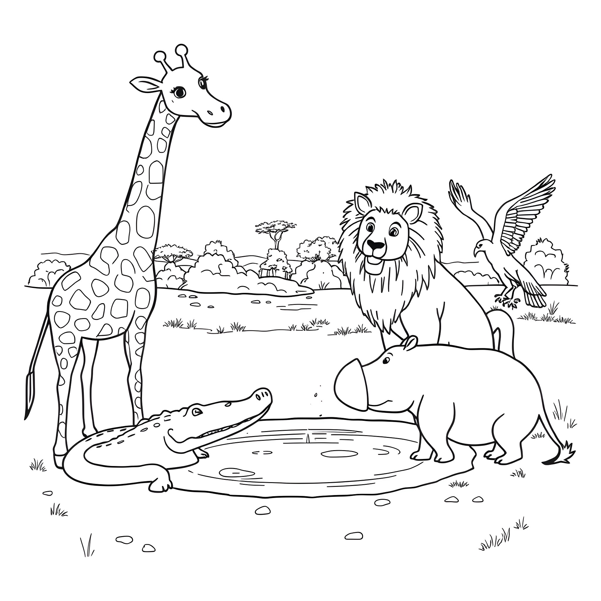 Animal friends in the African savanna Coloring Page (free black-and-white line drawing printable PDF for all, from beginners to advanced learners, including children, teens, adults, and seniors)