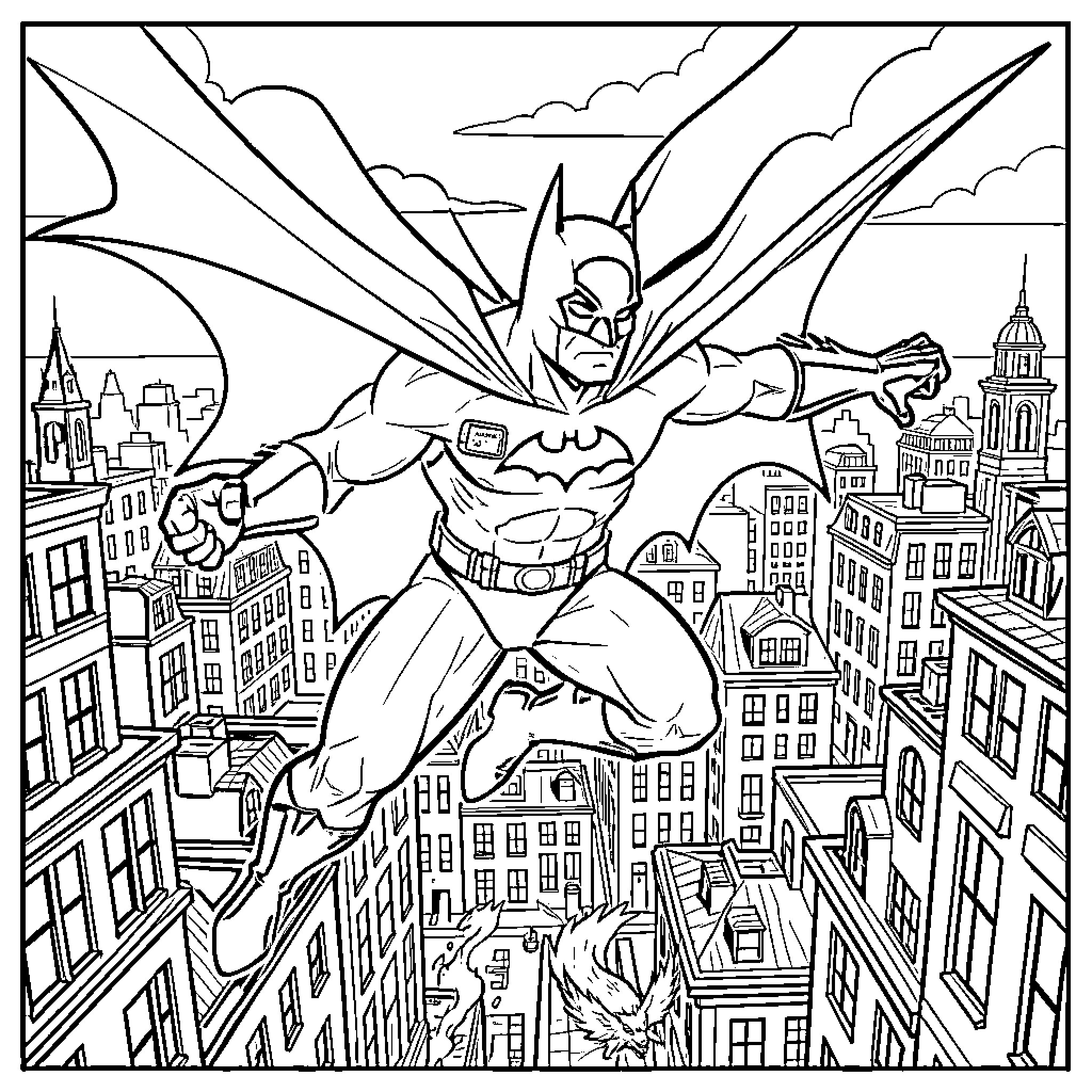 Batman soaring over the city skyline Coloring Page (free black-and-white line drawing printable PDF for all, from beginners to advanced learners, including children, teens, adults, and seniors)