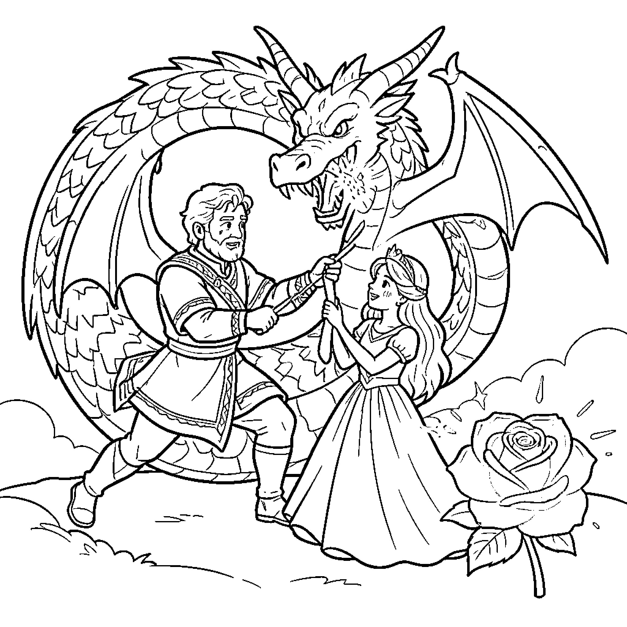 Sant Jordi's heroic encounter with a fierce dragon Coloring Page (free black-and-white line drawing printable PDF for all, from beginners to advanced learners, including children, teens, adults, and seniors)