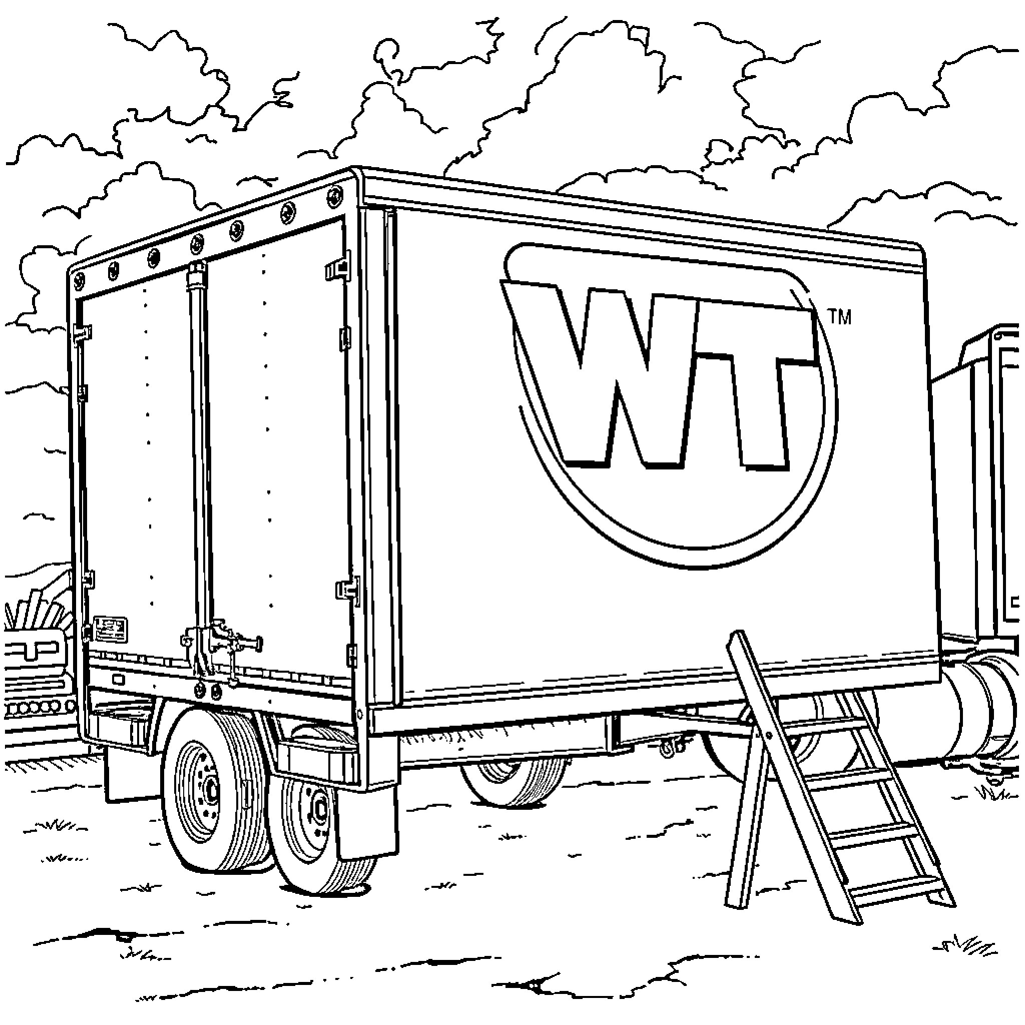 Trailer with Cargo Truck on Road Coloring Page (free black-and-white line drawing printable PDF for all, from beginners to advanced learners, including children, teens, adults, and seniors)