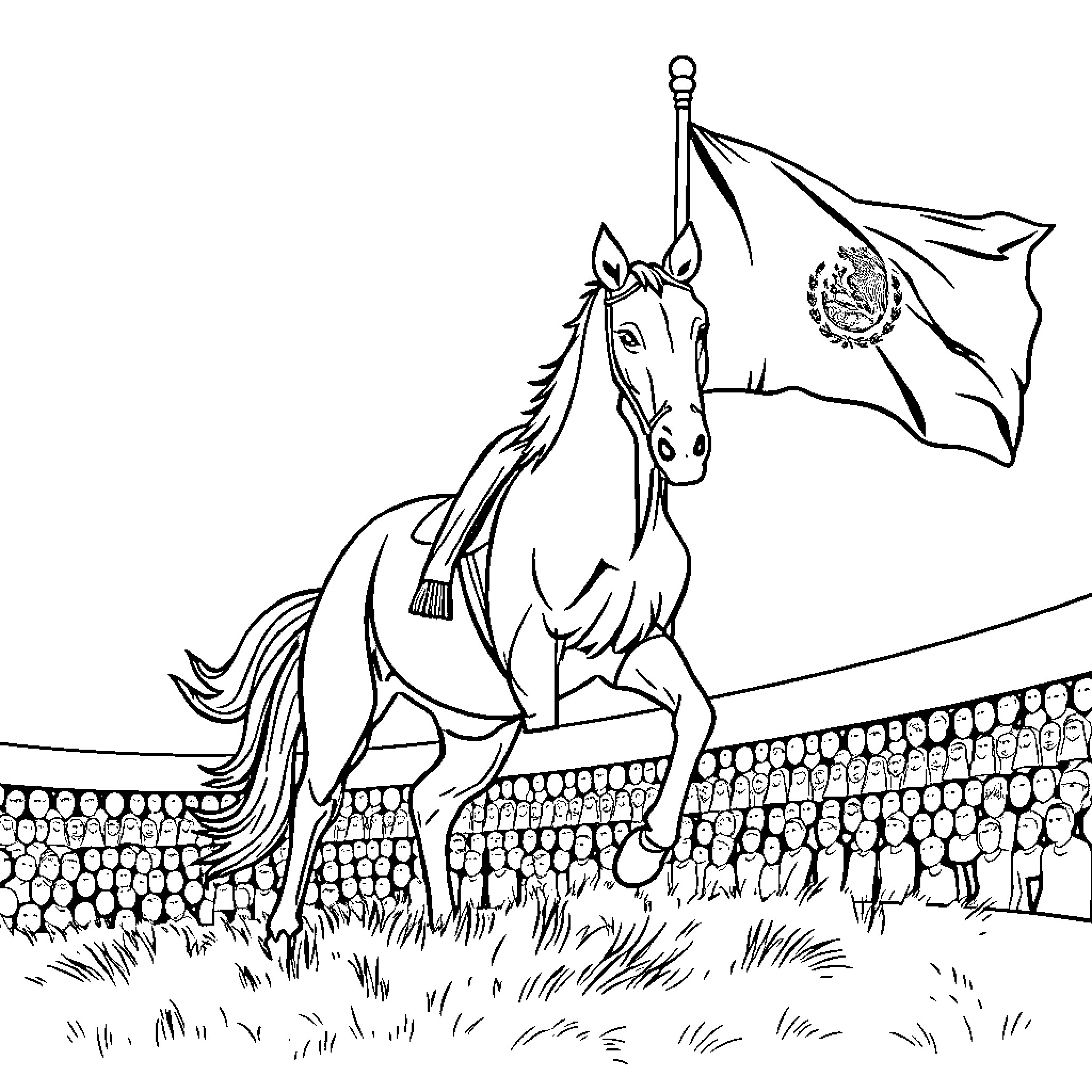 Panther-Inspired Horse Galloping with a Flag Coloring Page (free black-and-white line drawing printable PDF for all, from beginners to advanced learners, including children, teens, adults, and seniors)