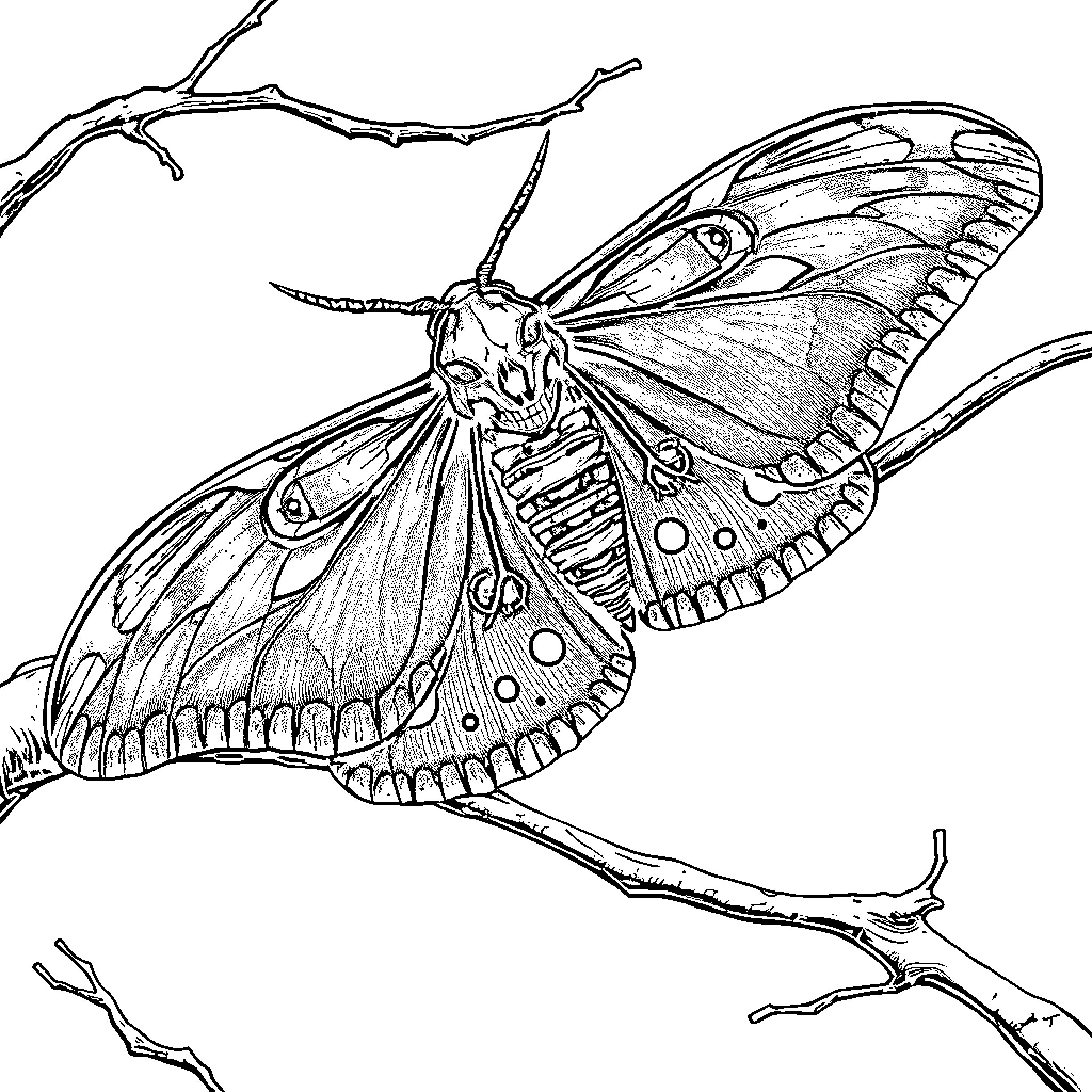 Death Moth resting on detailed branch Coloring Page (free black-and-white line drawing printable PDF for all, from beginners to advanced learners, including children, teens, adults, and seniors)