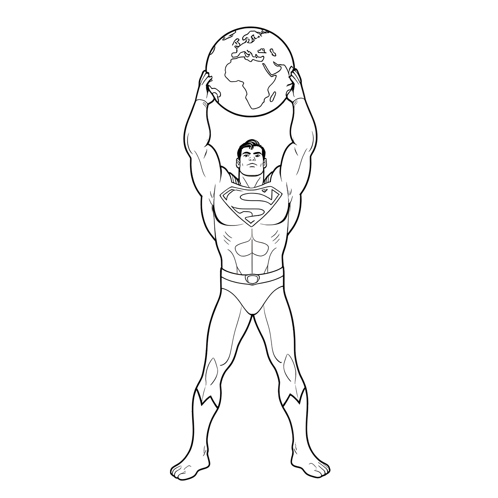 Superman lifting the world in heroic pose Coloring Page (free black-and-white line drawing printable PDF for all, from beginners to advanced learners, including children, teens, adults, and seniors)
