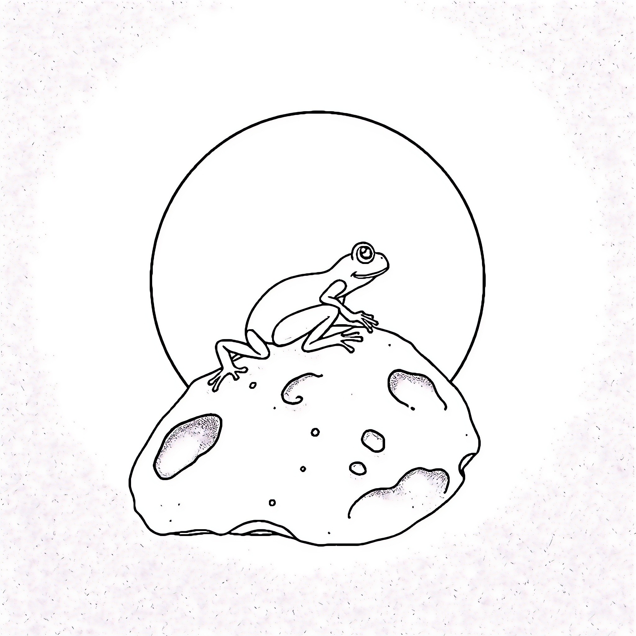 Frog resting on a lunar landscape Coloring Page (free black-and-white line drawing printable PDF for all, from beginners to advanced learners, including children, teens, adults, and seniors)