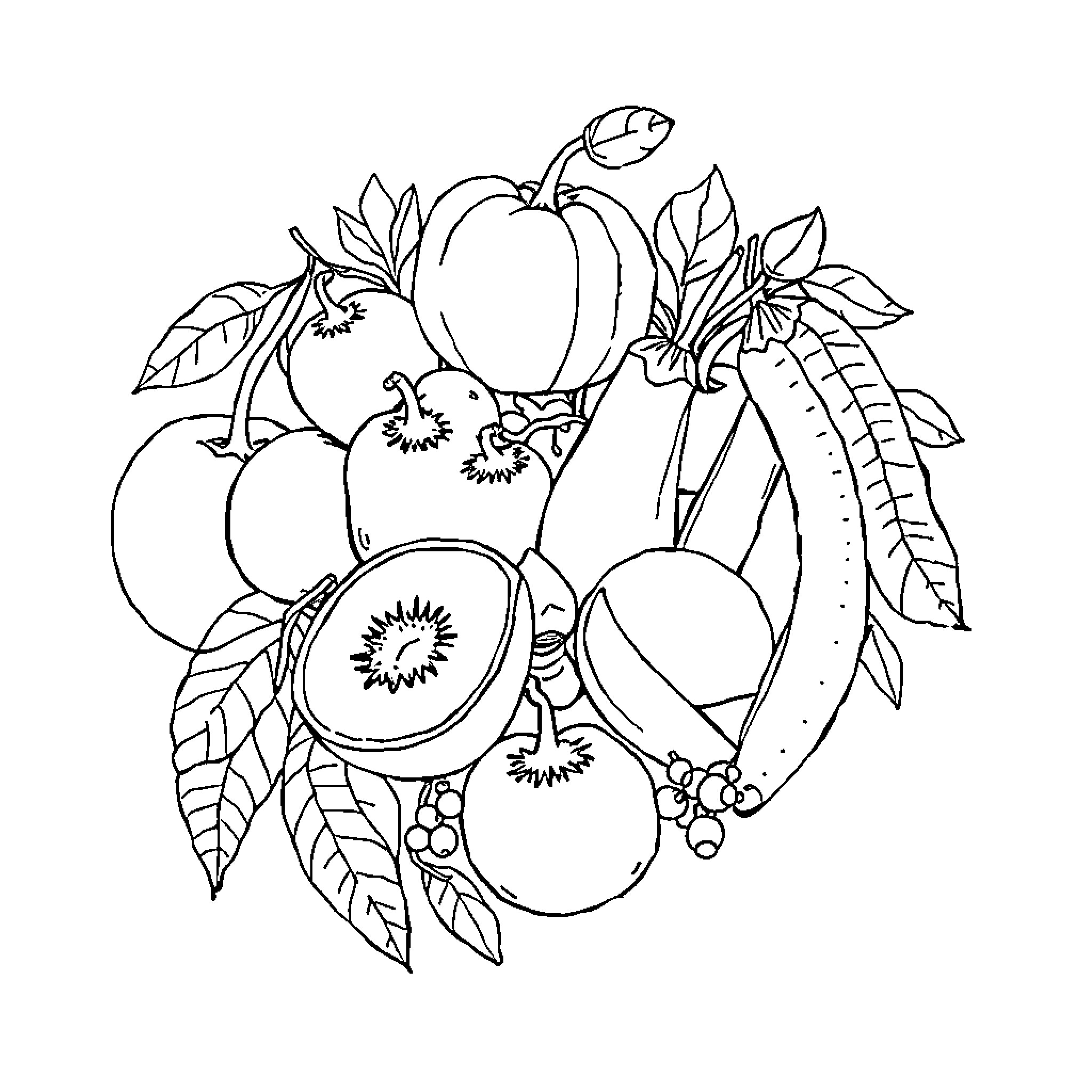 Food arrangement with various fruits and vegetables Coloring Page (free black-and-white line drawing printable PDF for all, from beginners to advanced learners, including children, teens, adults, and seniors)