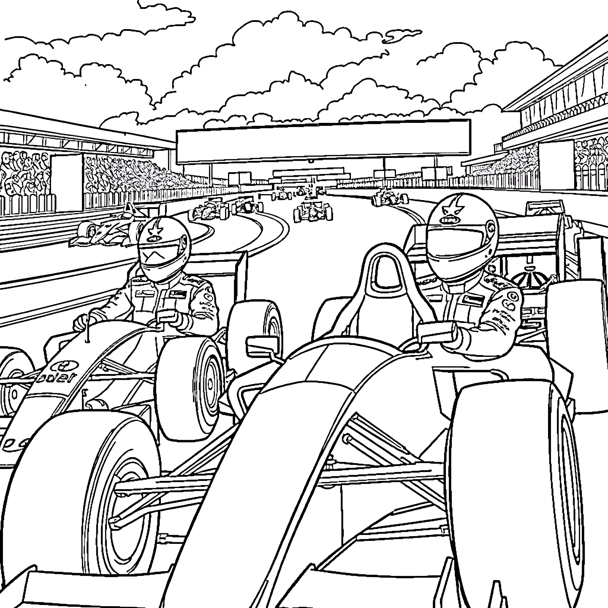 Formula 1 Drivers Competing on Race Track Coloring Page (free black-and-white line drawing printable PDF for all, from beginners to advanced learners, including children, teens, adults, and seniors)