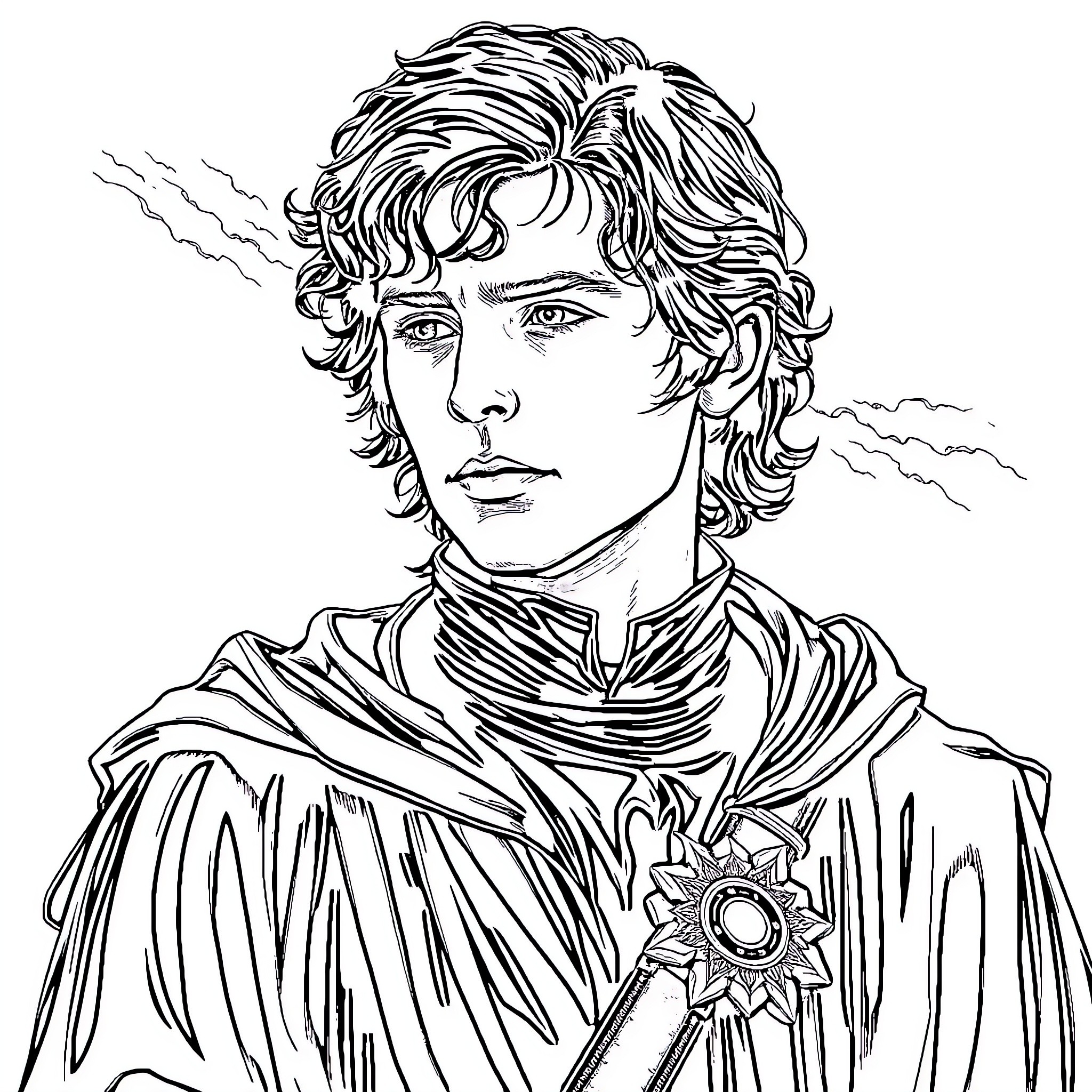 Frodo on a perilous journey, facing uncertainty Coloring Page (free black-and-white line drawing printable PDF for all, from beginners to advanced learners, including children, teens, adults, and seniors)