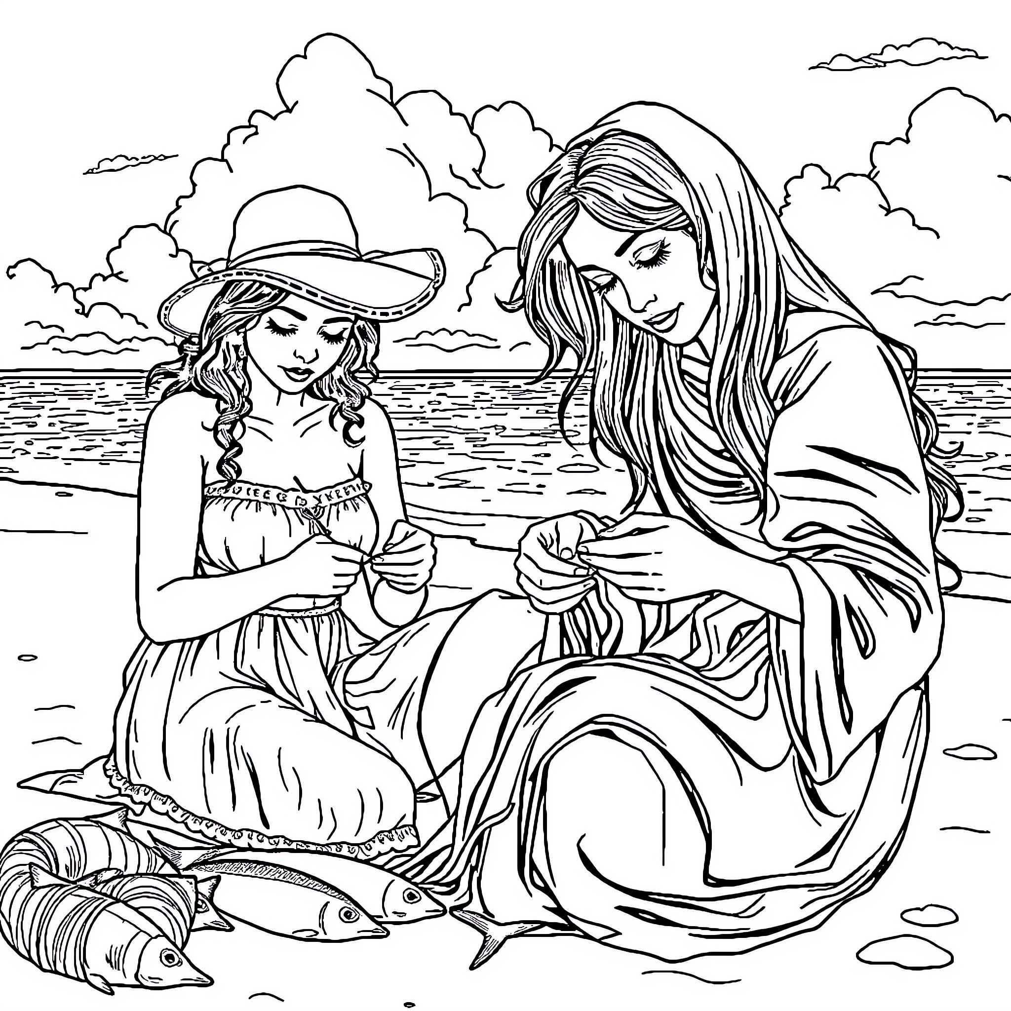 Women chatting by the sea on a sunny day Coloring Page (free black-and-white line drawing printable PDF for all, from beginners to advanced learners, including children, teens, adults, and seniors)