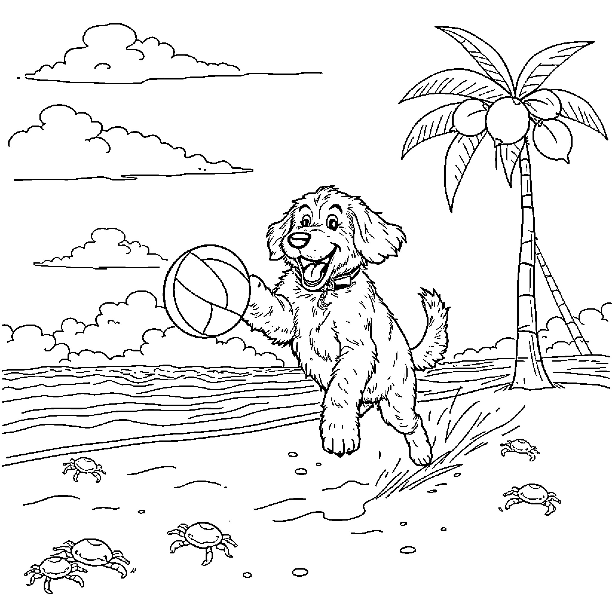 Doodle of a happy dog playing on the beach Coloring Page (free black-and-white line drawing printable PDF for all, from beginners to advanced learners, including children, teens, adults, and seniors)