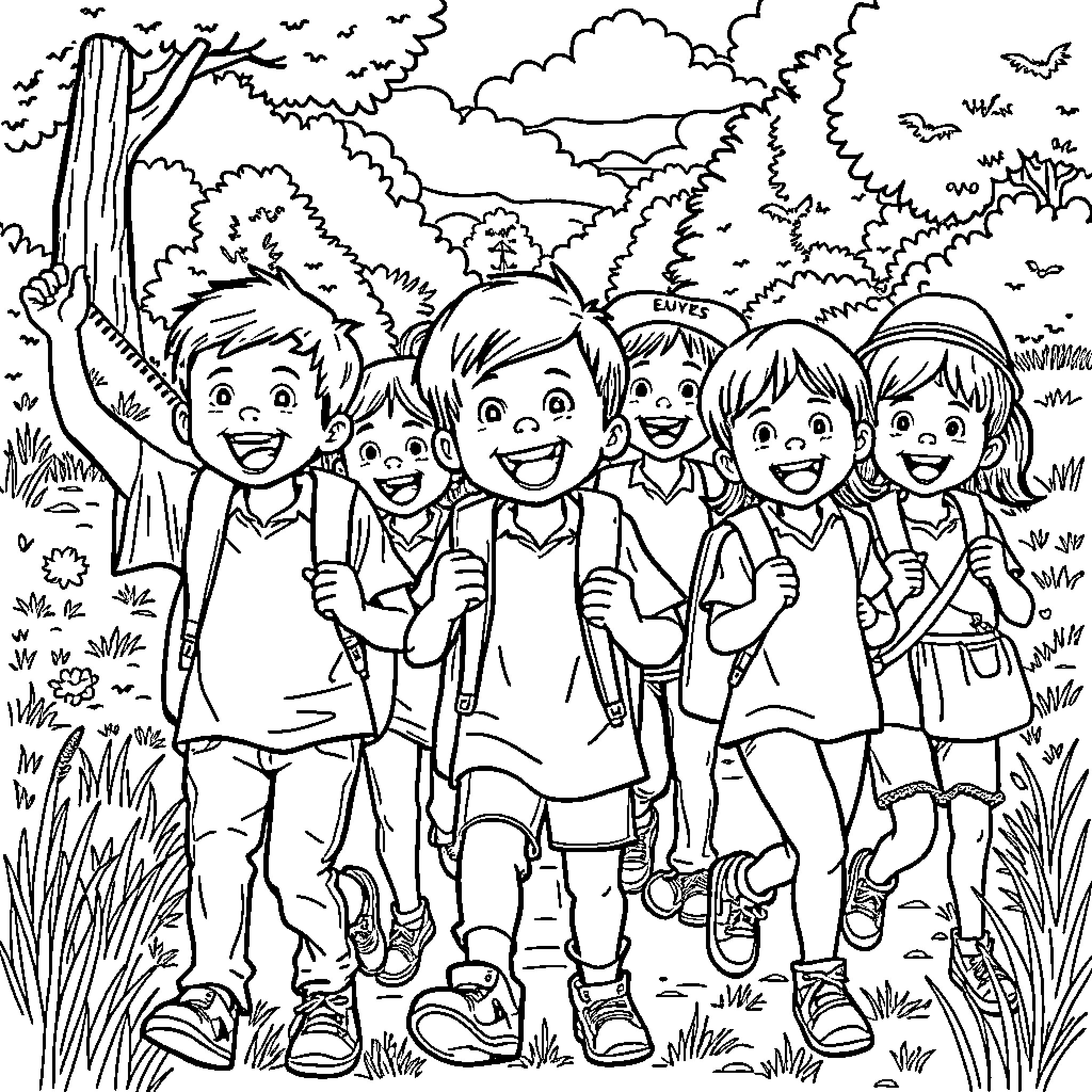 Kids exploring the outdoors with excitement Coloring Page (free black-and-white line drawing printable PDF for all, from beginners to advanced learners, including children, teens, adults, and seniors)