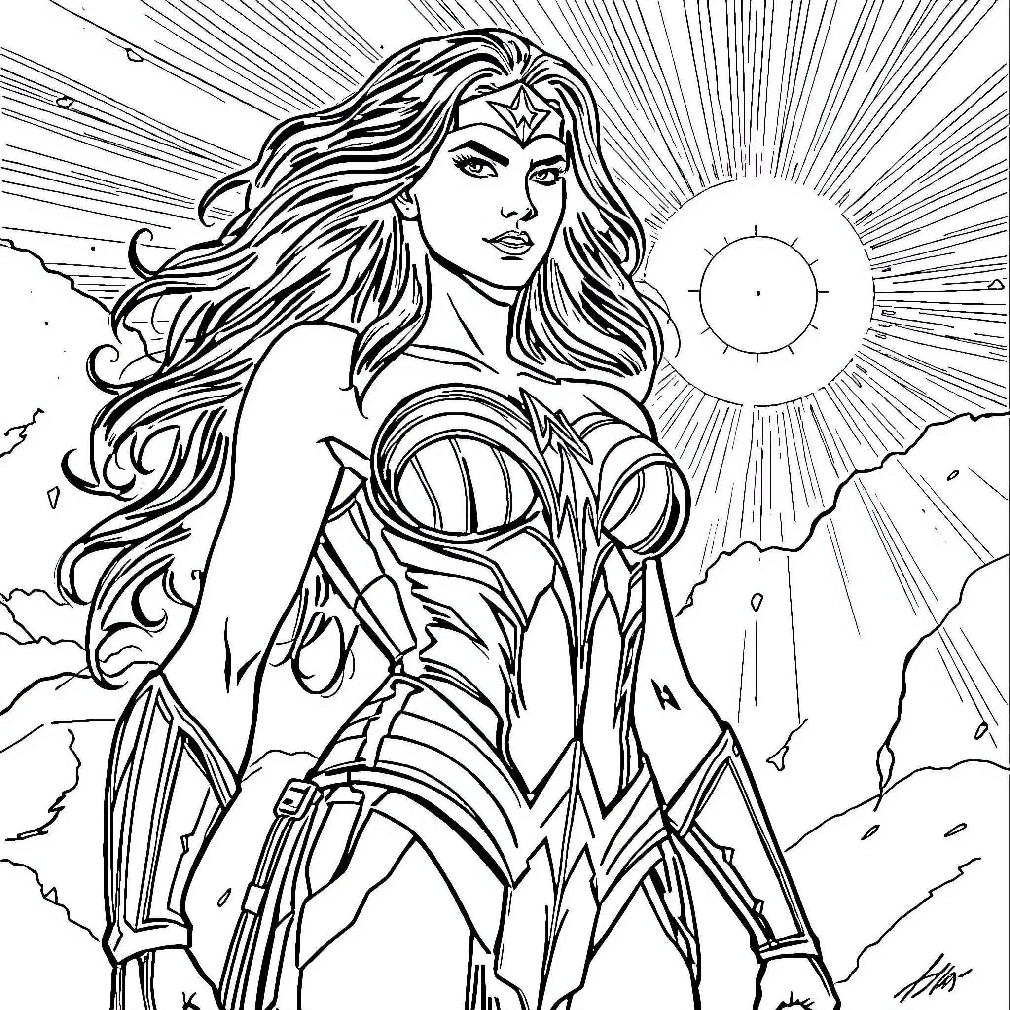 Wonder Woman's Heroic Stance in the Sunlight Coloring Page (free black-and-white line drawing printable PDF for all, from beginners to advanced learners, including children, teens, adults, and seniors)
