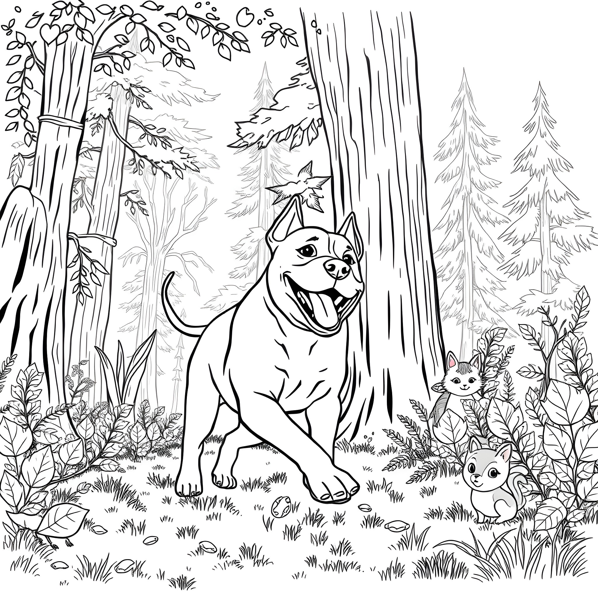Amstaff exploring the lush forest Coloring Page (free black-and-white line drawing printable PDF for all, from beginners to advanced learners, including children, teens, adults, and seniors)