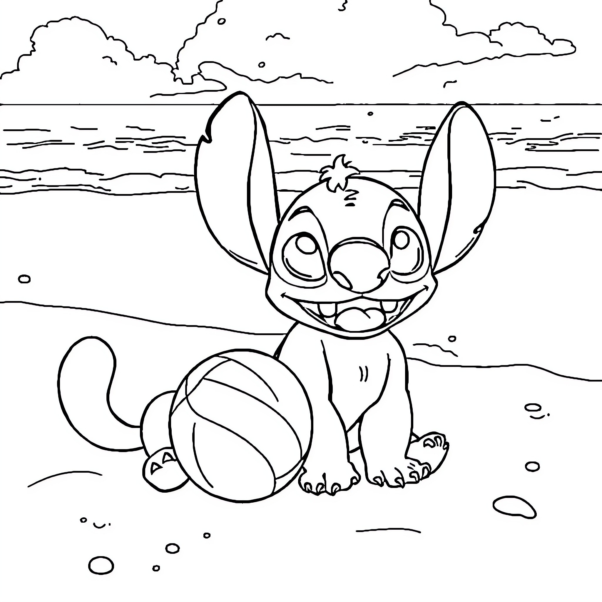 Tchoupi playing joyfully on the beach Coloring Page (free black-and-white line drawing printable PDF for all, from beginners to advanced learners, including children, teens, adults, and seniors)