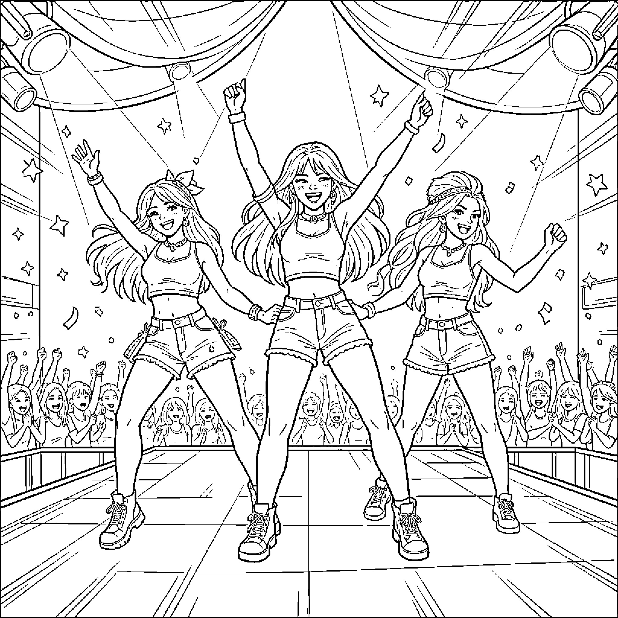 K Pop Warrior singers performing joyfully on stage Coloring Page (free black-and-white line drawing printable PDF for all, from beginners to advanced learners, including children, teens, adults, and seniors)