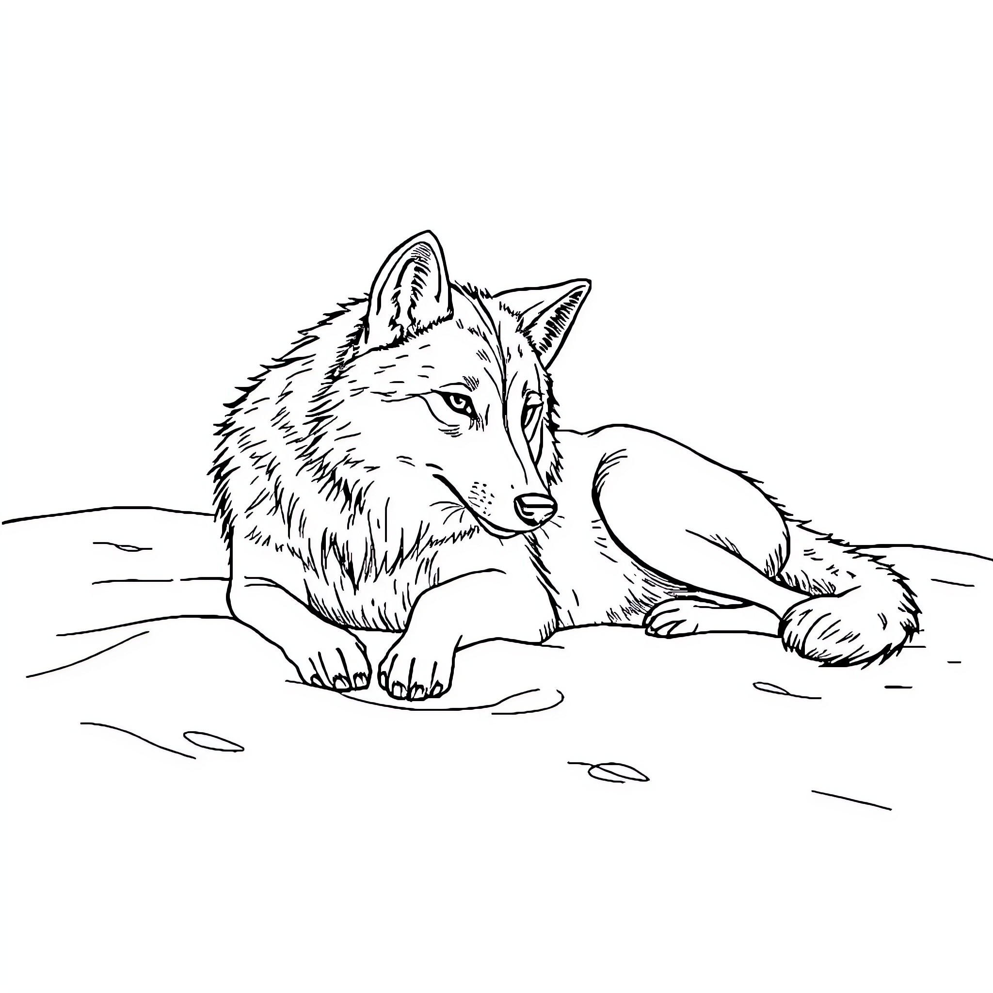 Wolf resting on the ground Coloring Page (free black-and-white line drawing printable PDF for all, from beginners to advanced learners, including children, teens, adults, and seniors)