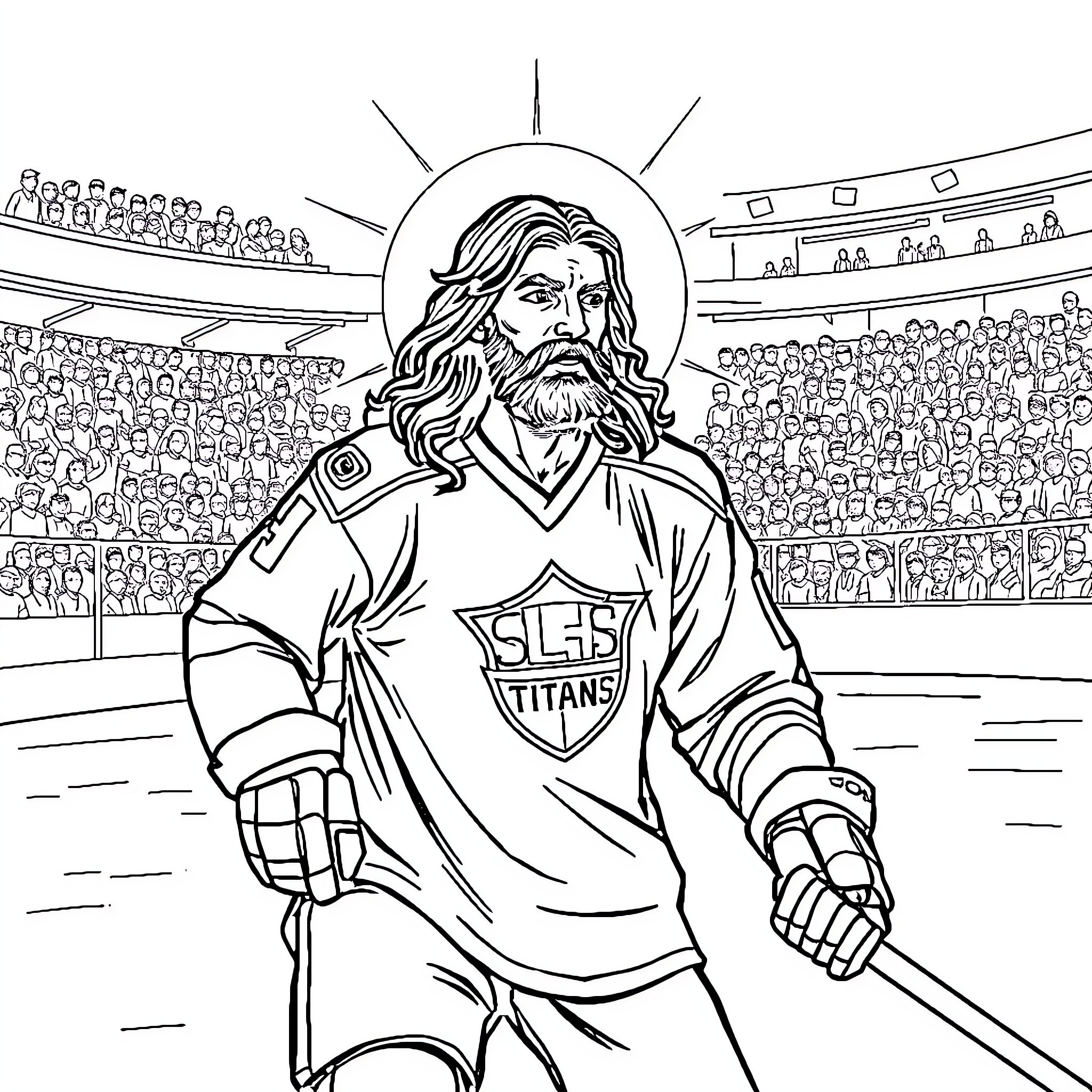 Jesus leading the Titans to victory on the ice rink Coloring Page (free black-and-white line drawing printable PDF for all, from beginners to advanced learners, including children, teens, adults, and seniors)