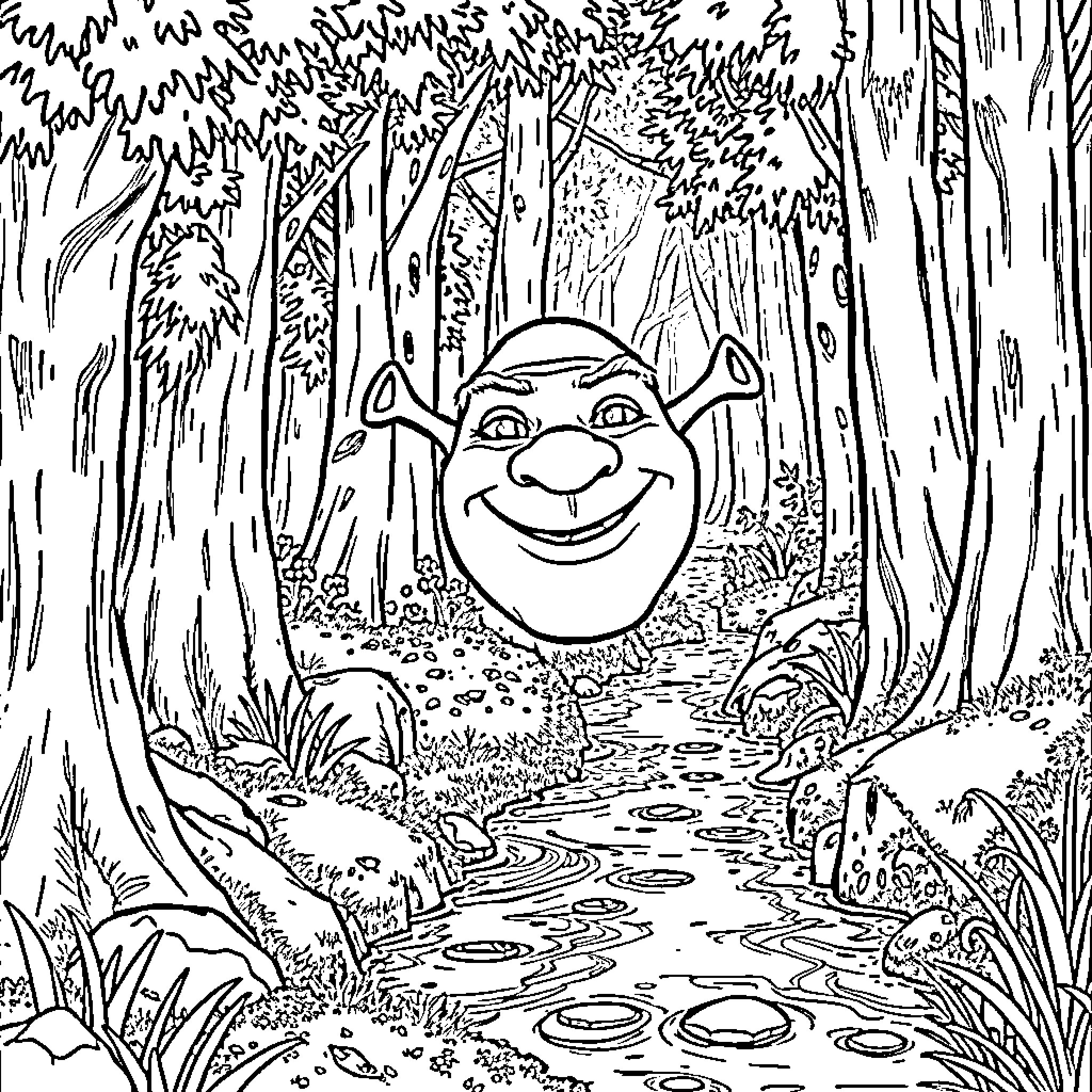 Shrek's Enchanted Forest Adventure Coloring Page (free black-and-white line drawing printable PDF for all, from beginners to advanced learners, including children, teens, adults, and seniors)