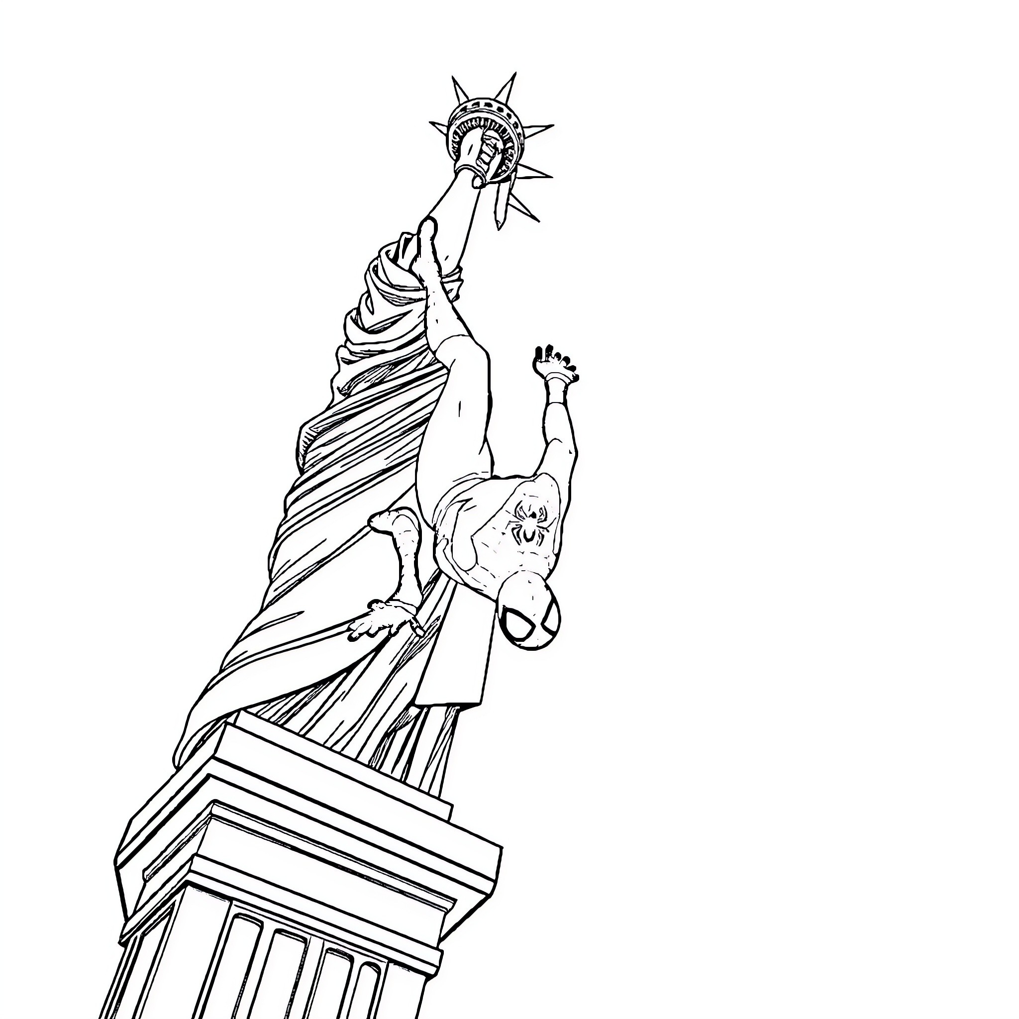 Spider-Man swinging from the Statue of Liberty Coloring Page (free black-and-white line drawing printable PDF for all, from beginners to advanced learners, including children, teens, adults, and seniors)