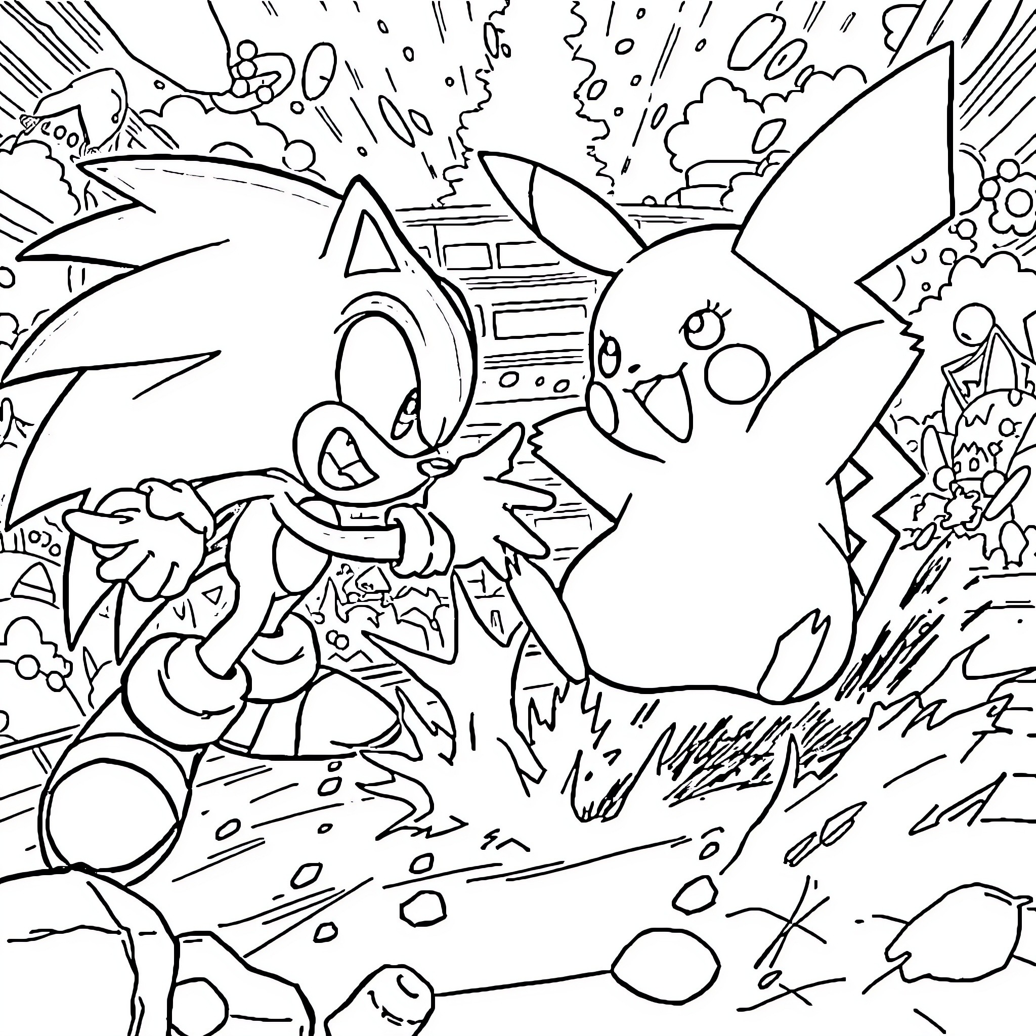 Pikachu and Sonic the Hedgehog in an action-packed adventure Coloring Page (free black-and-white line drawing printable PDF for all, from beginners to advanced learners, including children, teens, adults, and seniors)